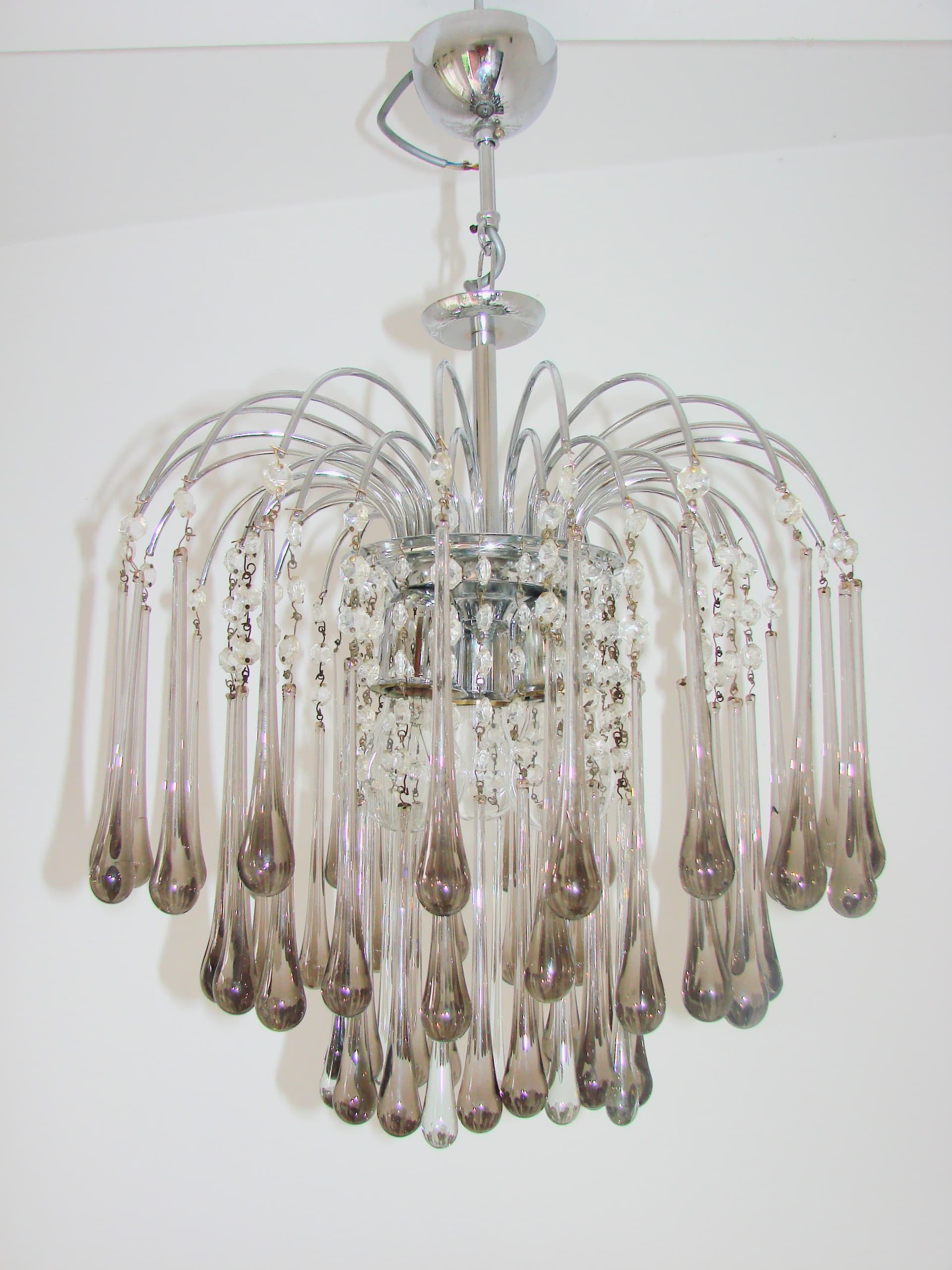 Żyrandol Murano, stal chromowana srebrny, szkło szary przezroczysty, proj. P. Venini, Włochy, lata 70. - 383042