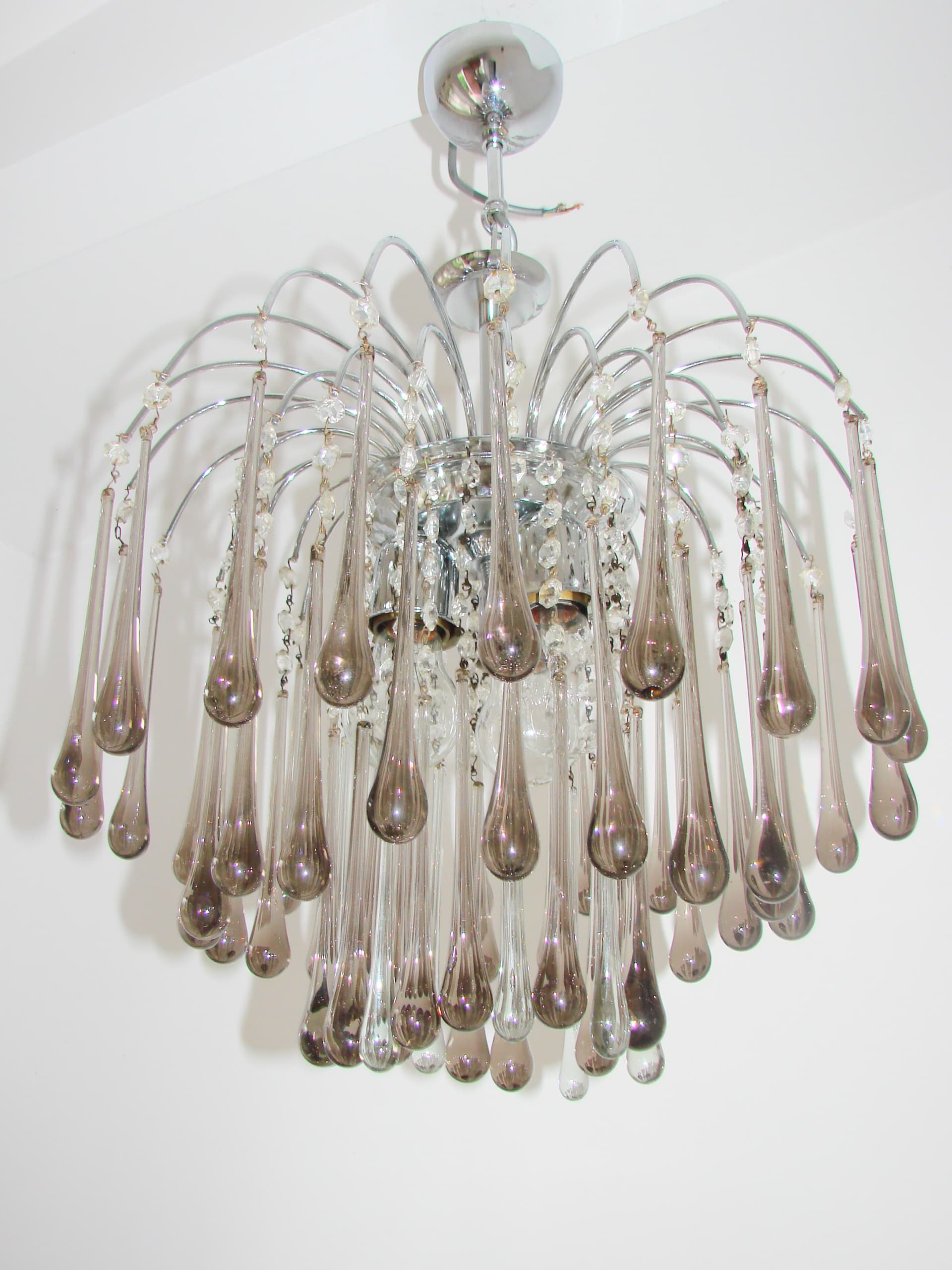 Żyrandol Murano, stal chromowana srebrny, szkło szary przezroczysty, proj. P. Venini, Włochy, lata 70. - 383047
