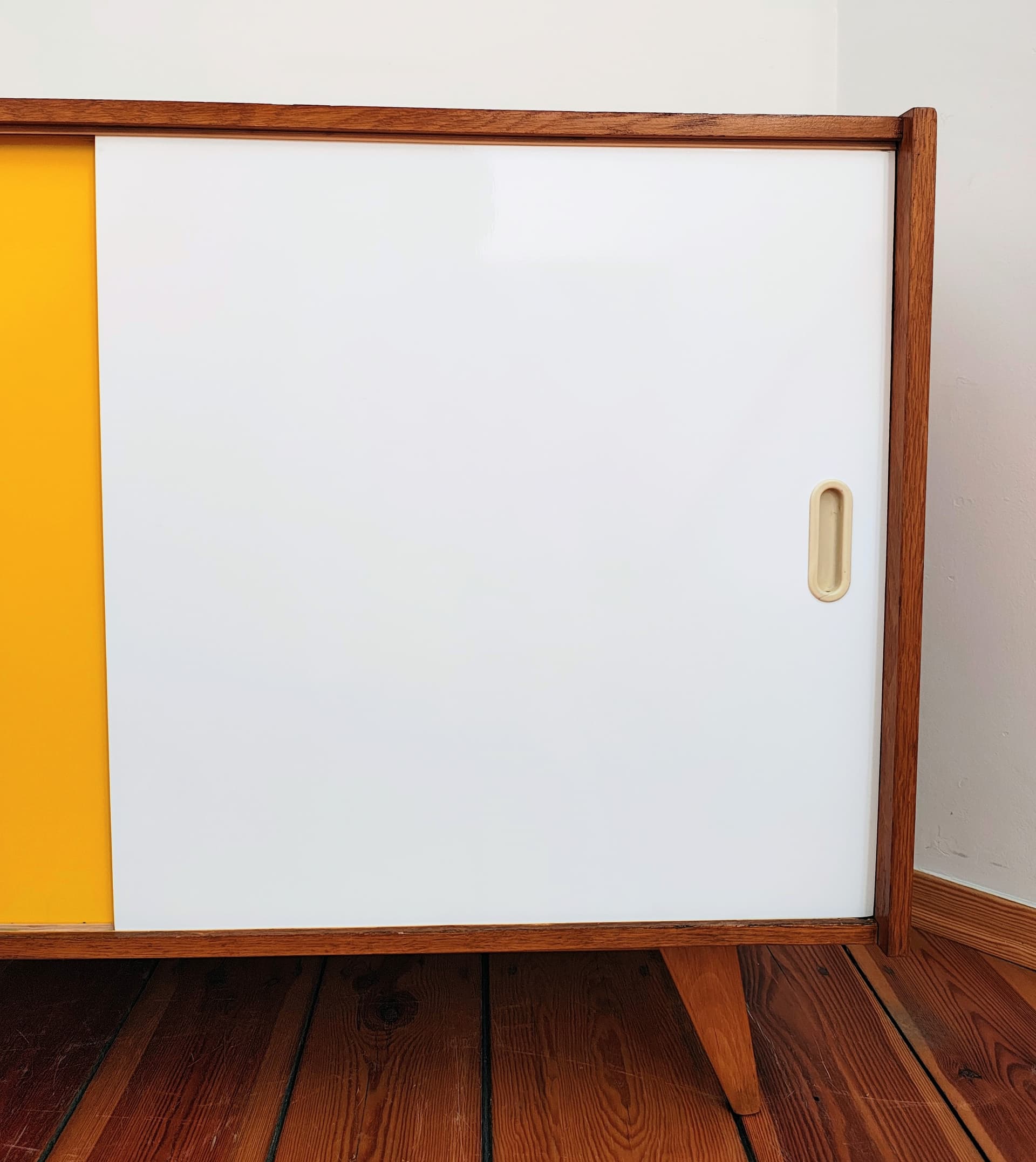 Sideboard, light brown wood, white, yellow, by J. Jiroutek, Interiér Praha, Czechoslovakia, 1960s. - 385045