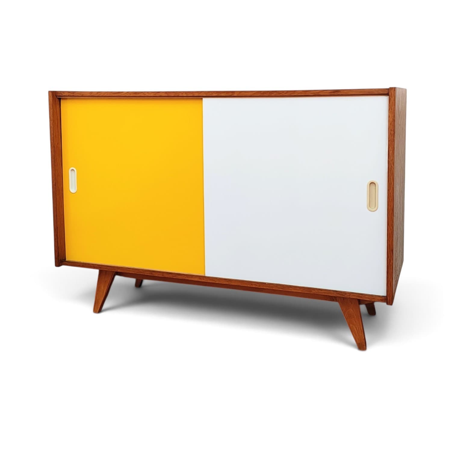 Sideboard, light brown wood, white, yellow, by J. Jiroutek, Interiér Praha, Czechoslovakia, 1960s. - 385037