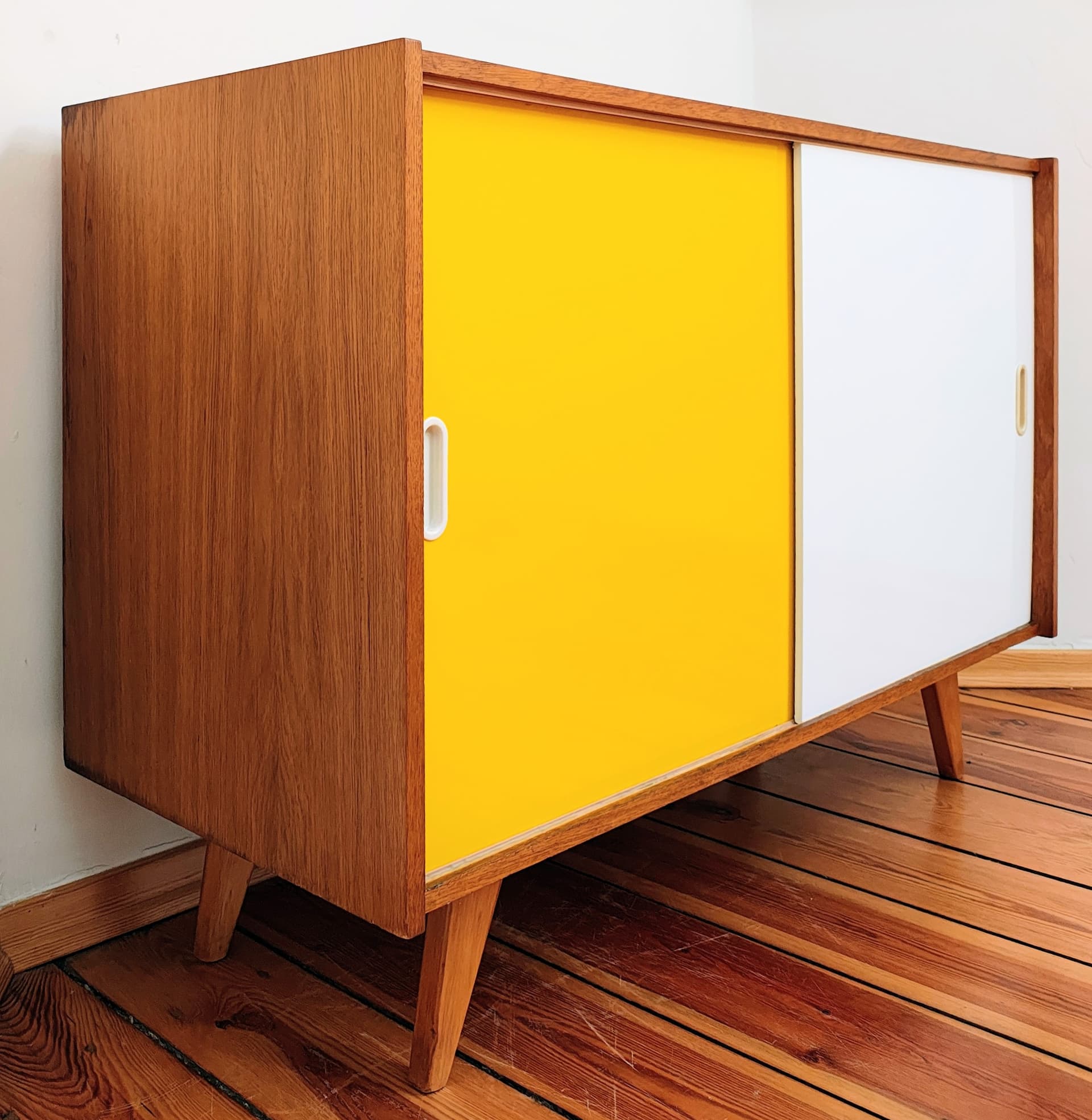 Sideboard, light brown wood, white, yellow, by J. Jiroutek, Interiér Praha, Czechoslovakia, 1960s. - 385042