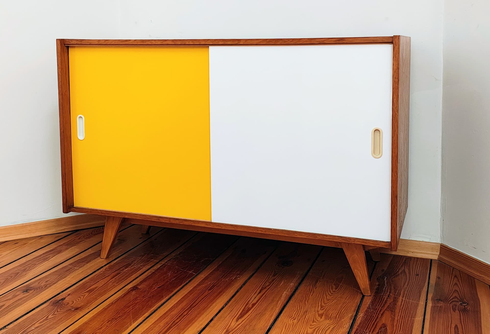 Sideboard, light brown wood, white, yellow, by J. Jiroutek, Interiér Praha, Czechoslovakia, 1960s. - 385038