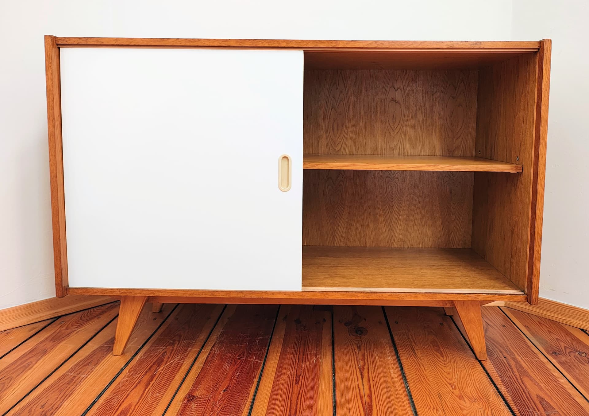Sideboard, light brown wood, white, yellow, by J. Jiroutek, Interiér Praha, Czechoslovakia, 1960s. - 385047