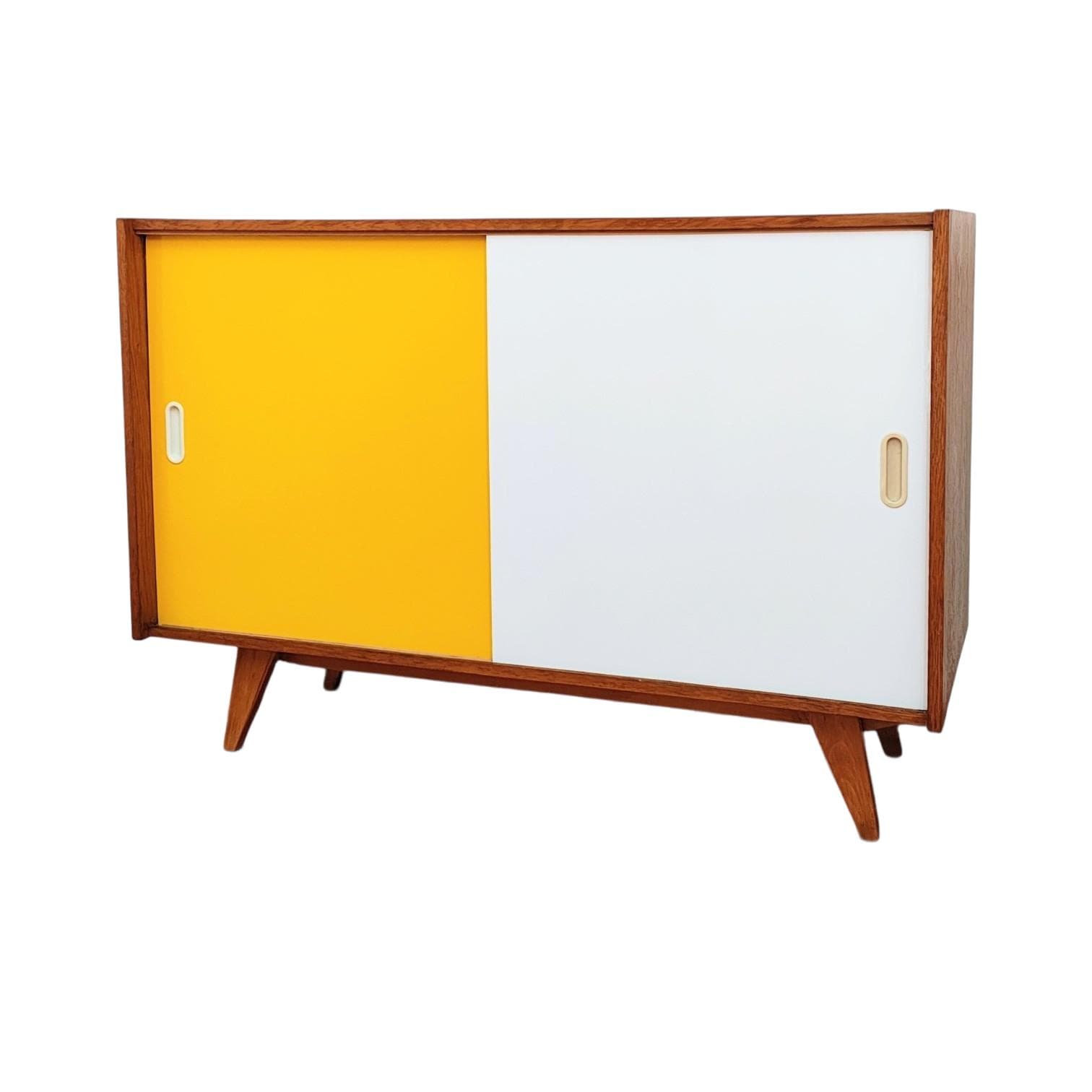 Sideboard, light brown wood, white, yellow, by J. Jiroutek, Interiér Praha, Czechoslovakia, 1960s.
