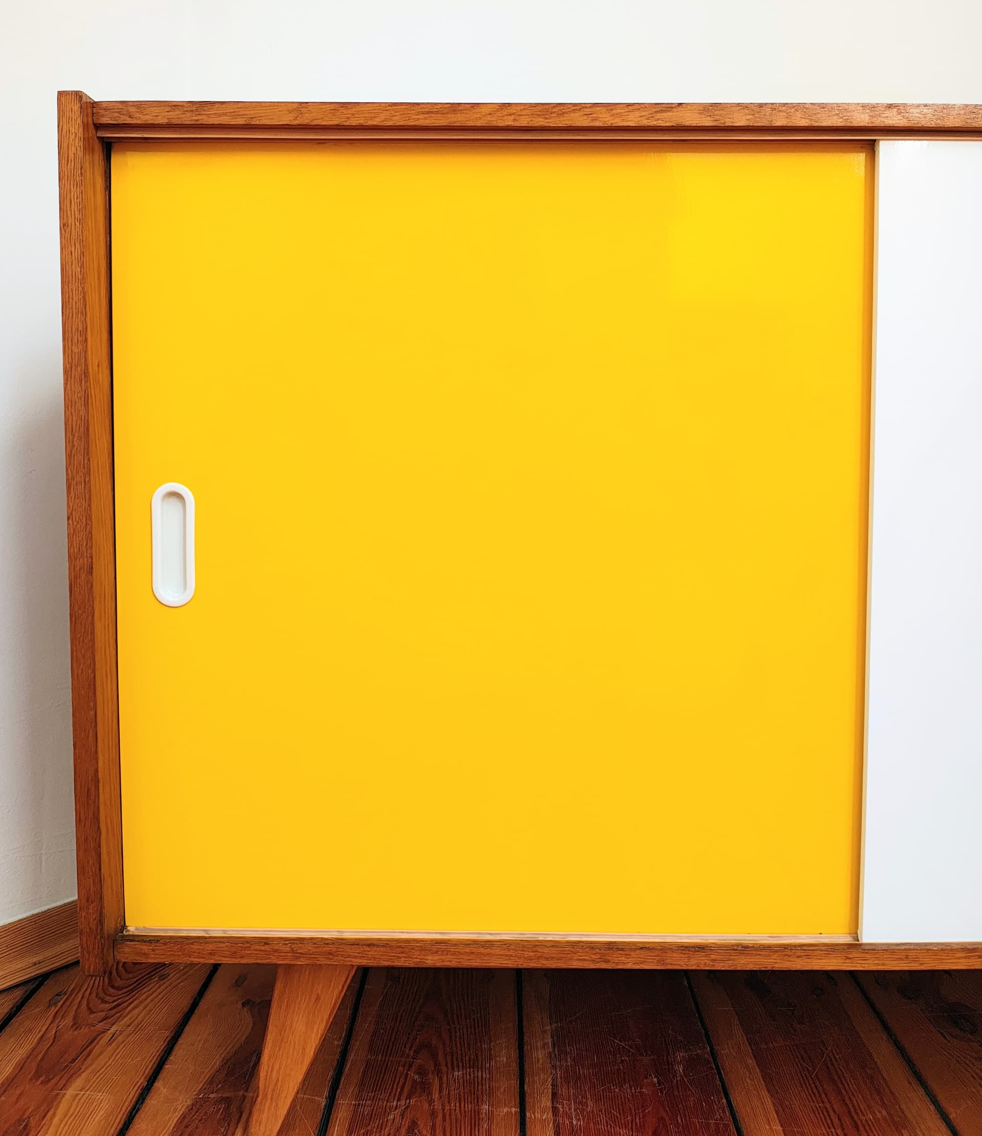 Sideboard, light brown wood, white, yellow, by J. Jiroutek, Interiér Praha, Czechoslovakia, 1960s. - 385046