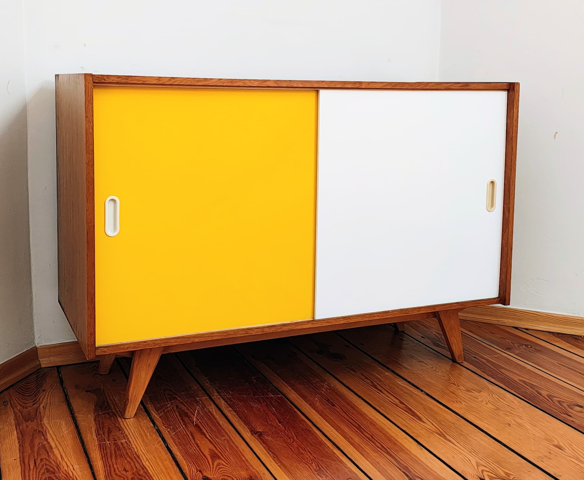 Sideboard, light brown wood, white, yellow, by J. Jiroutek, Interiér Praha, Czechoslovakia, 1960s. - 385041