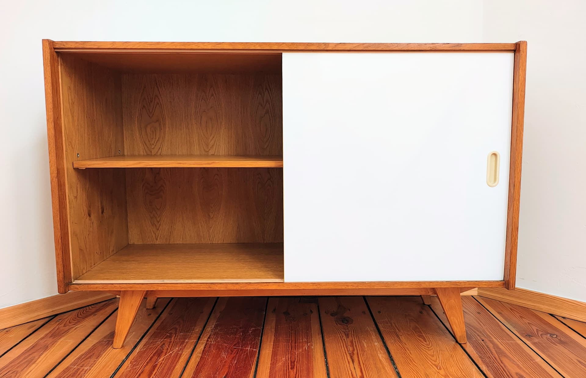 Sideboard, light brown wood, white, yellow, by J. Jiroutek, Interiér Praha, Czechoslovakia, 1960s. - 385048