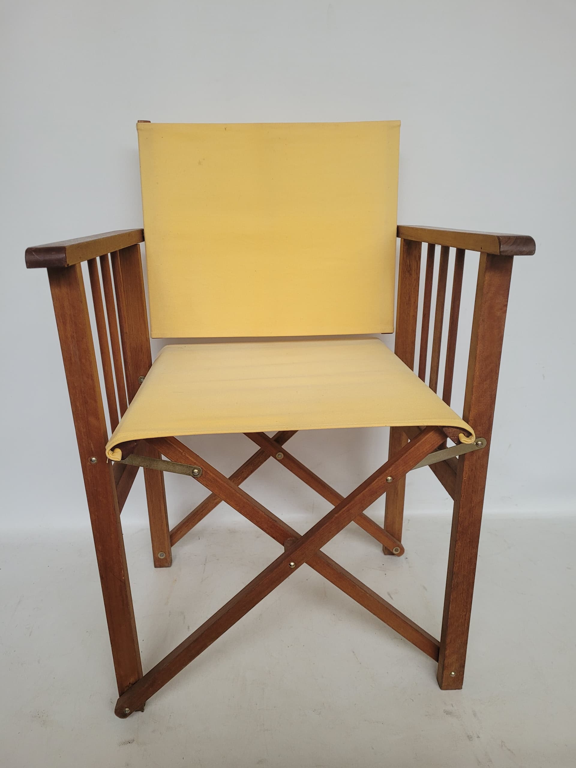 Folding director's chair, yellow fabric, brown wood, 1980s - 385085
