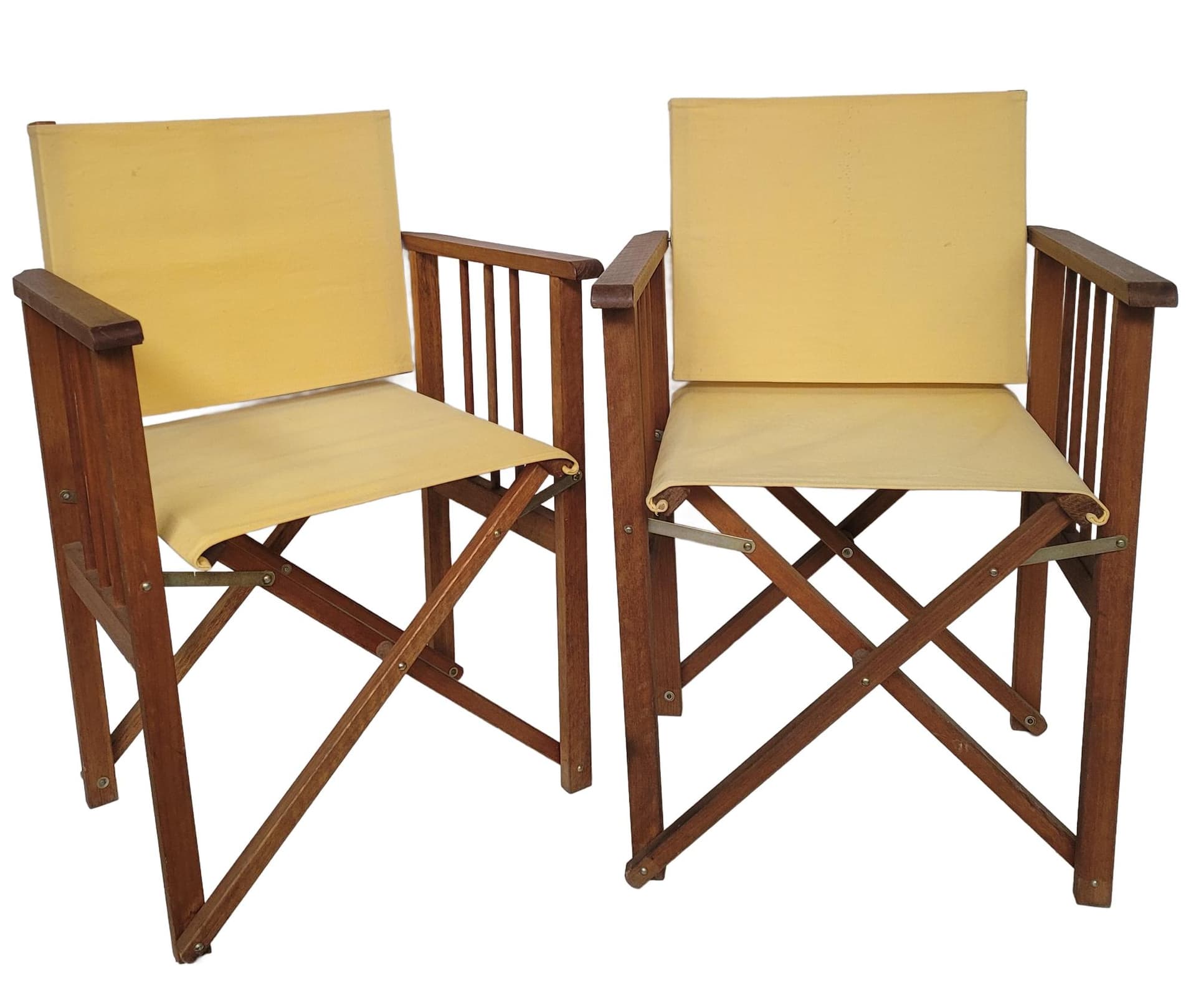 Folding director's chair, yellow fabric, brown wood, 1980s