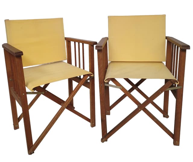 Folding director's chair, yellow fabric, brown wood, 1980s - DIMENSION