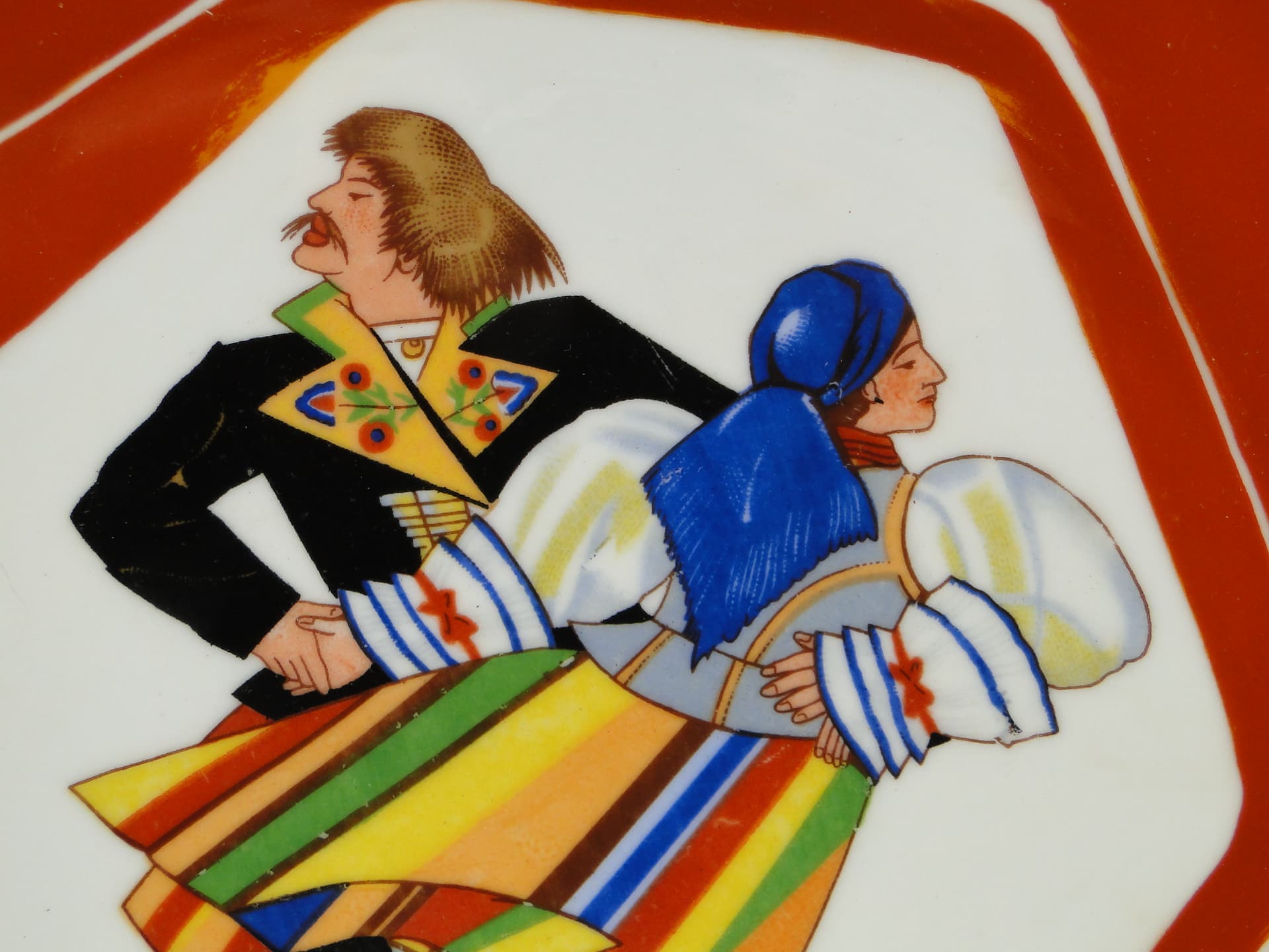 Decorative platter Oberek, white orange-red porcelain, by Z. Stryjeńska, Poland, 1950s - 385406