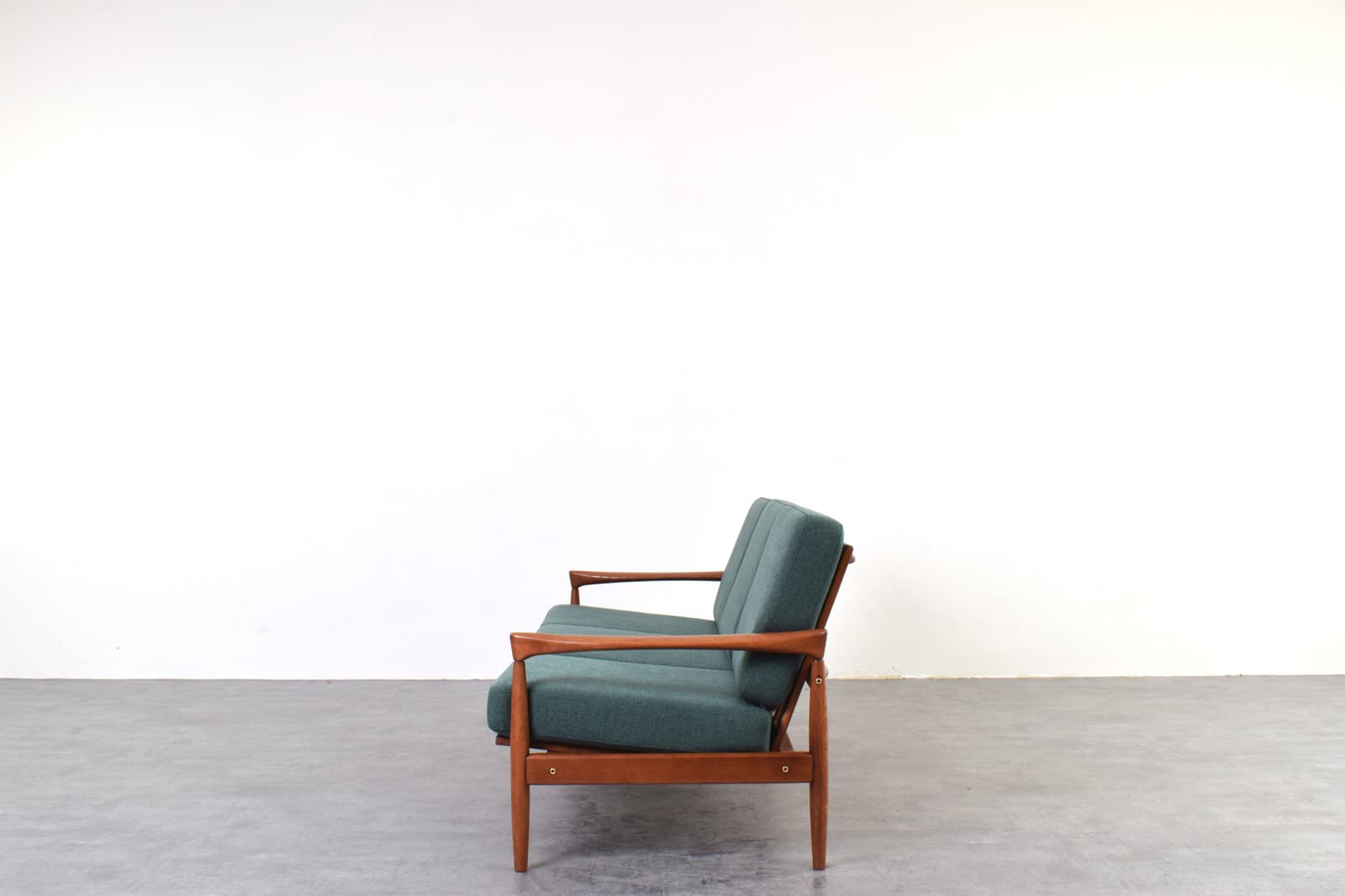Sofa Kolding, green fabric, brown oak, by E. Wørts, Ikea, Sweden, 1960s. - 385521