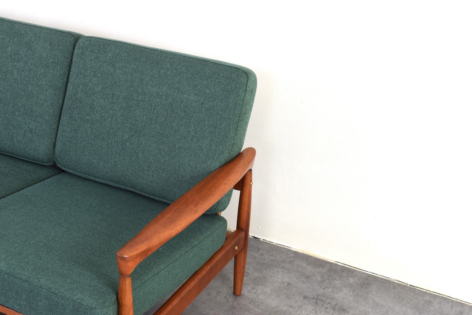 Sofa Kolding, green fabric, brown oak, by E. Wørts, Ikea, Sweden, 1960s. - 385529