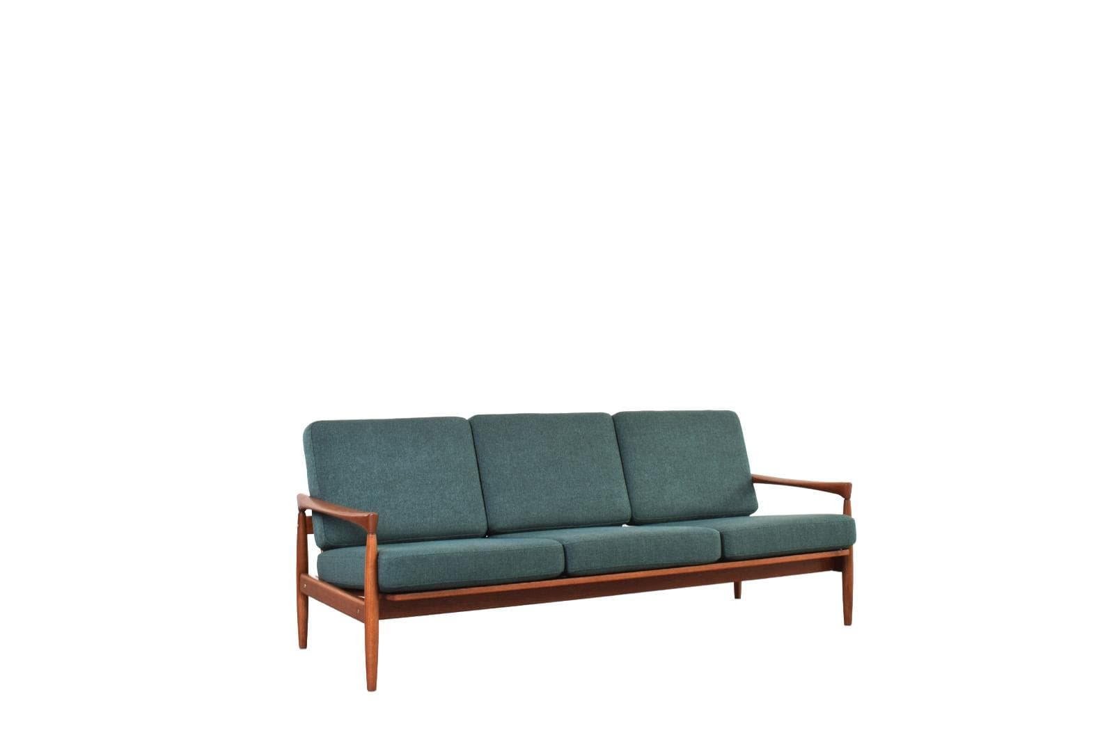 Sofa Kolding, green fabric, brown oak, by E. Wørts, Ikea, Sweden, 1960s.