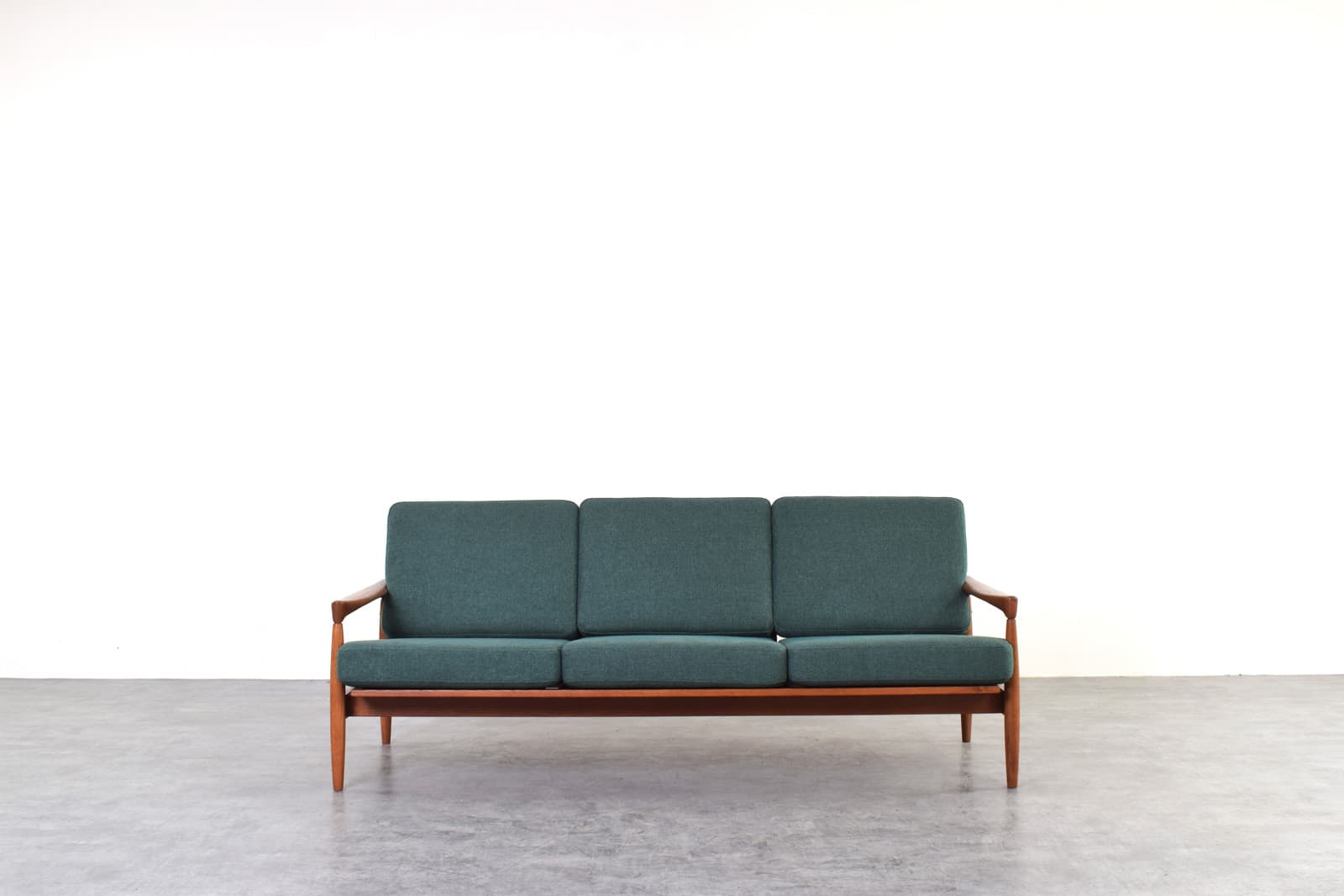 Sofa Kolding, green fabric, brown oak, by E. Wørts, Ikea, Sweden, 1960s. - 385519