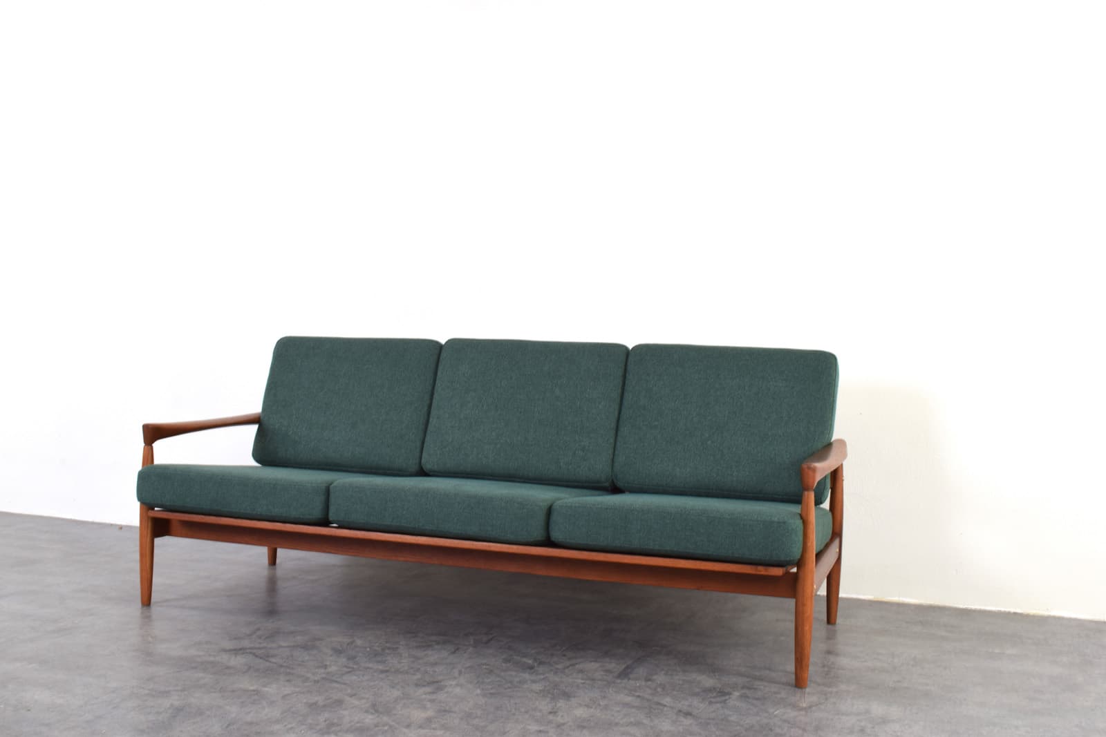 Sofa Kolding, green fabric, brown oak, by E. Wørts, Ikea, Sweden, 1960s. - 385525