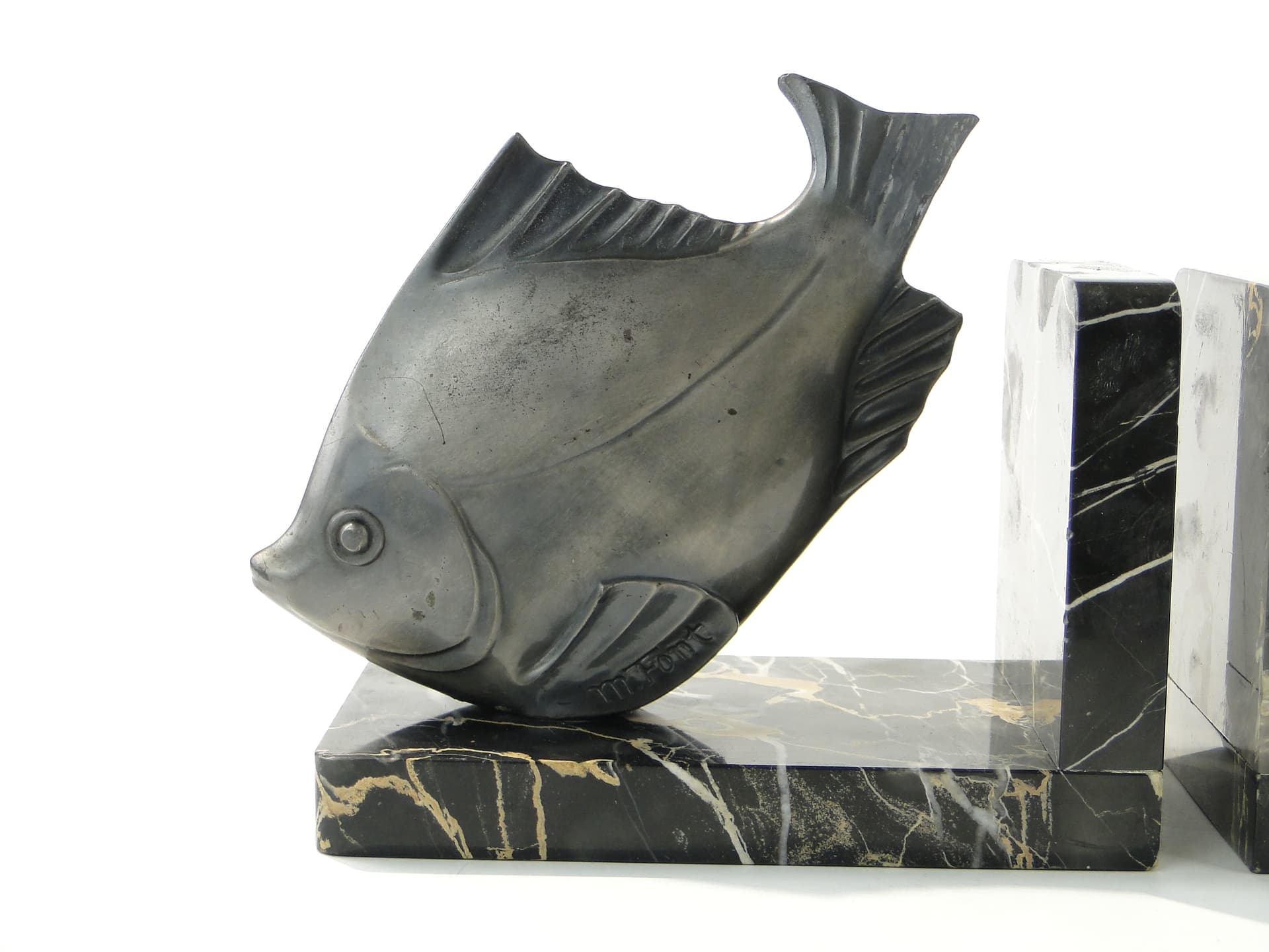 Para podpórek do książek, Art déco, marmur czarny, metal srebrny, proj. M. Font, Francja, lata 30. - 385730