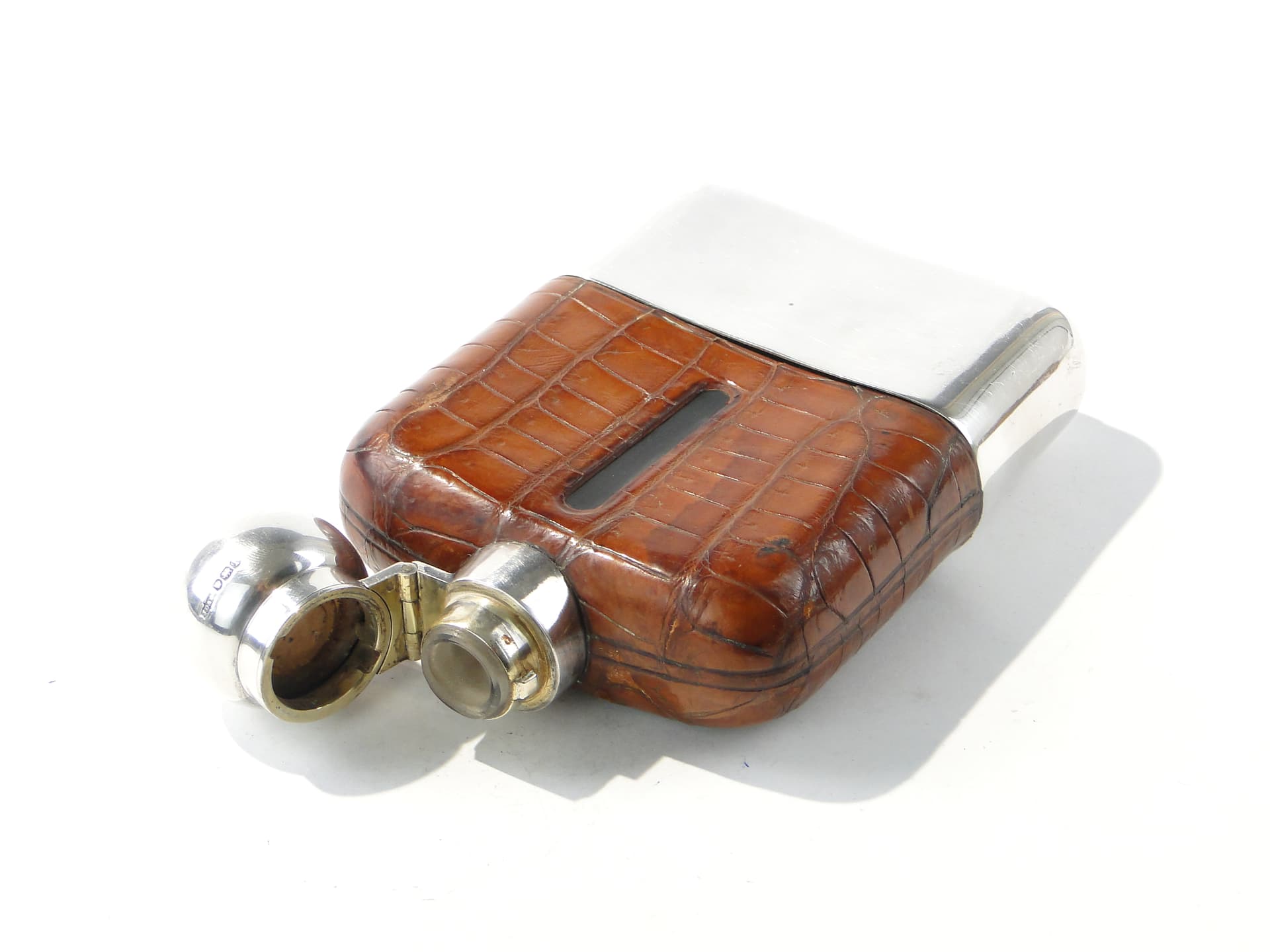 Edwardian hip flask, brown, natural leather, silver, glass, United Kingdom, early 20th century - 385777