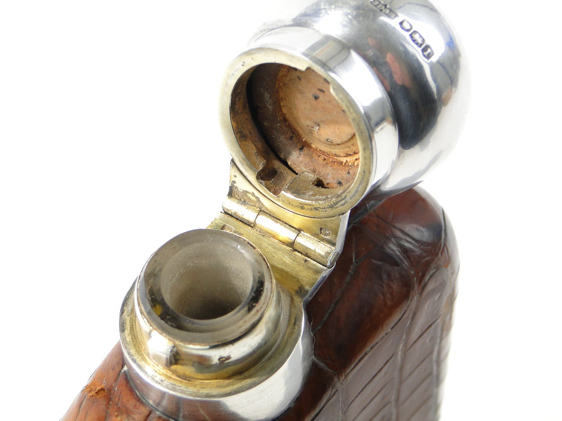 Edwardian hip flask, brown, natural leather, silver, glass, United Kingdom, early 20th century - 385771