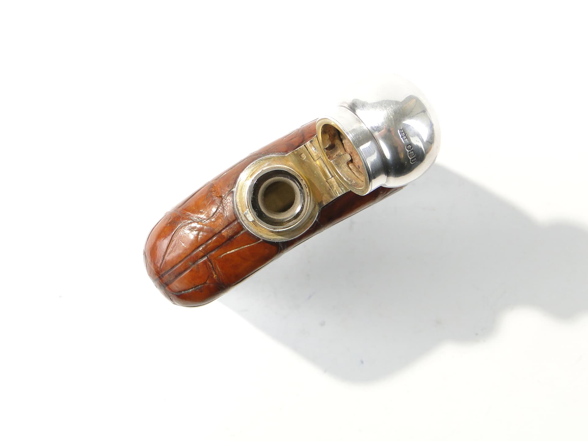 Edwardian hip flask, brown, natural leather, silver, glass, United Kingdom, early 20th century - 385776