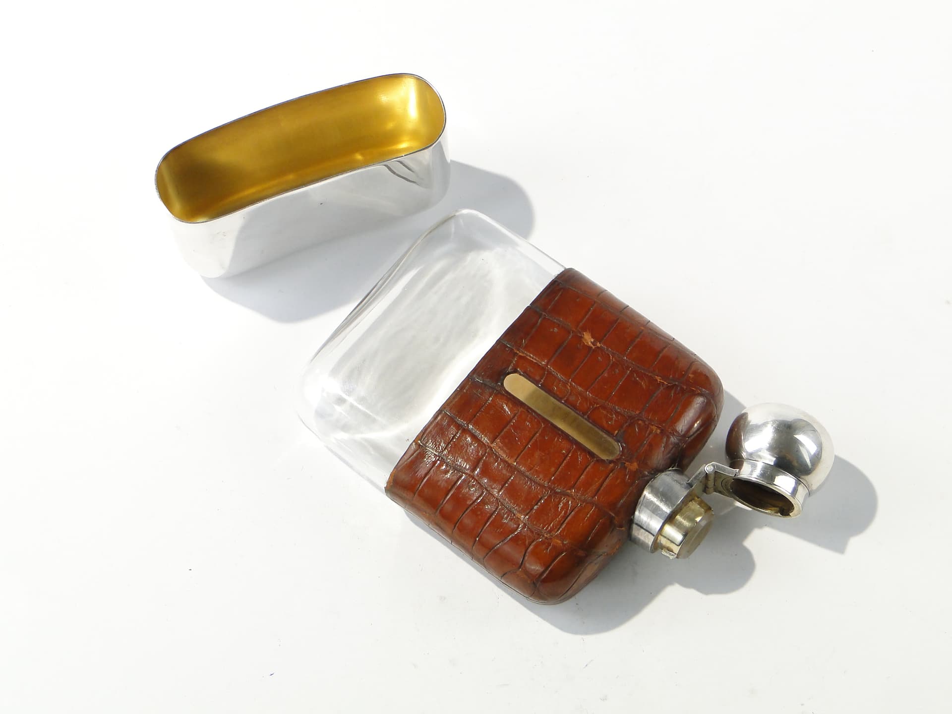Edwardian hip flask, brown, natural leather, silver, glass, United Kingdom, early 20th century - 385779