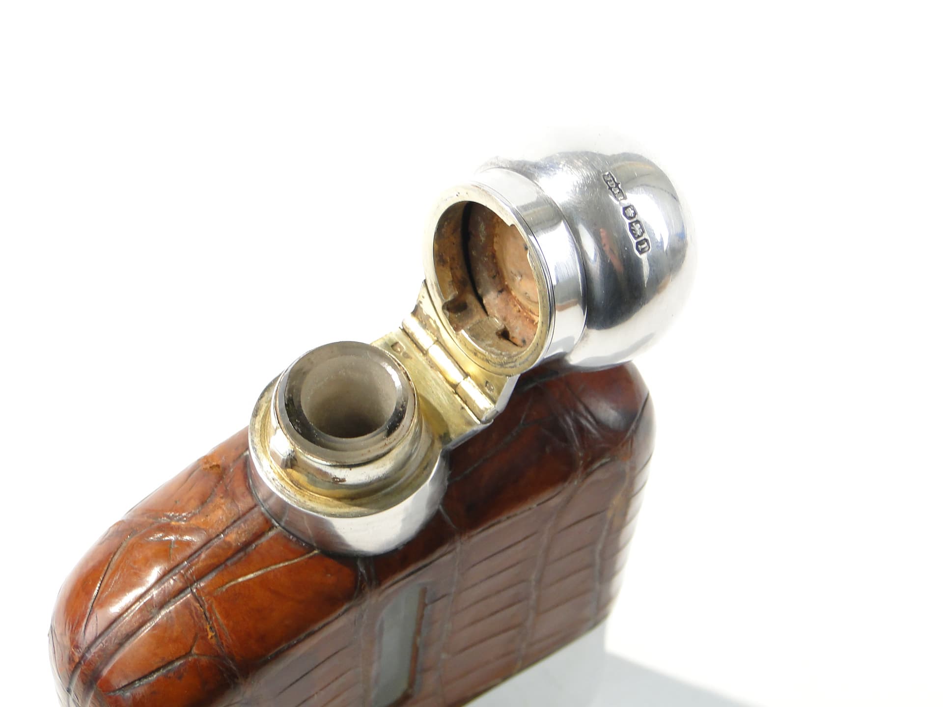 Edwardian hip flask, brown, natural leather, silver, glass, United Kingdom, early 20th century - 385774
