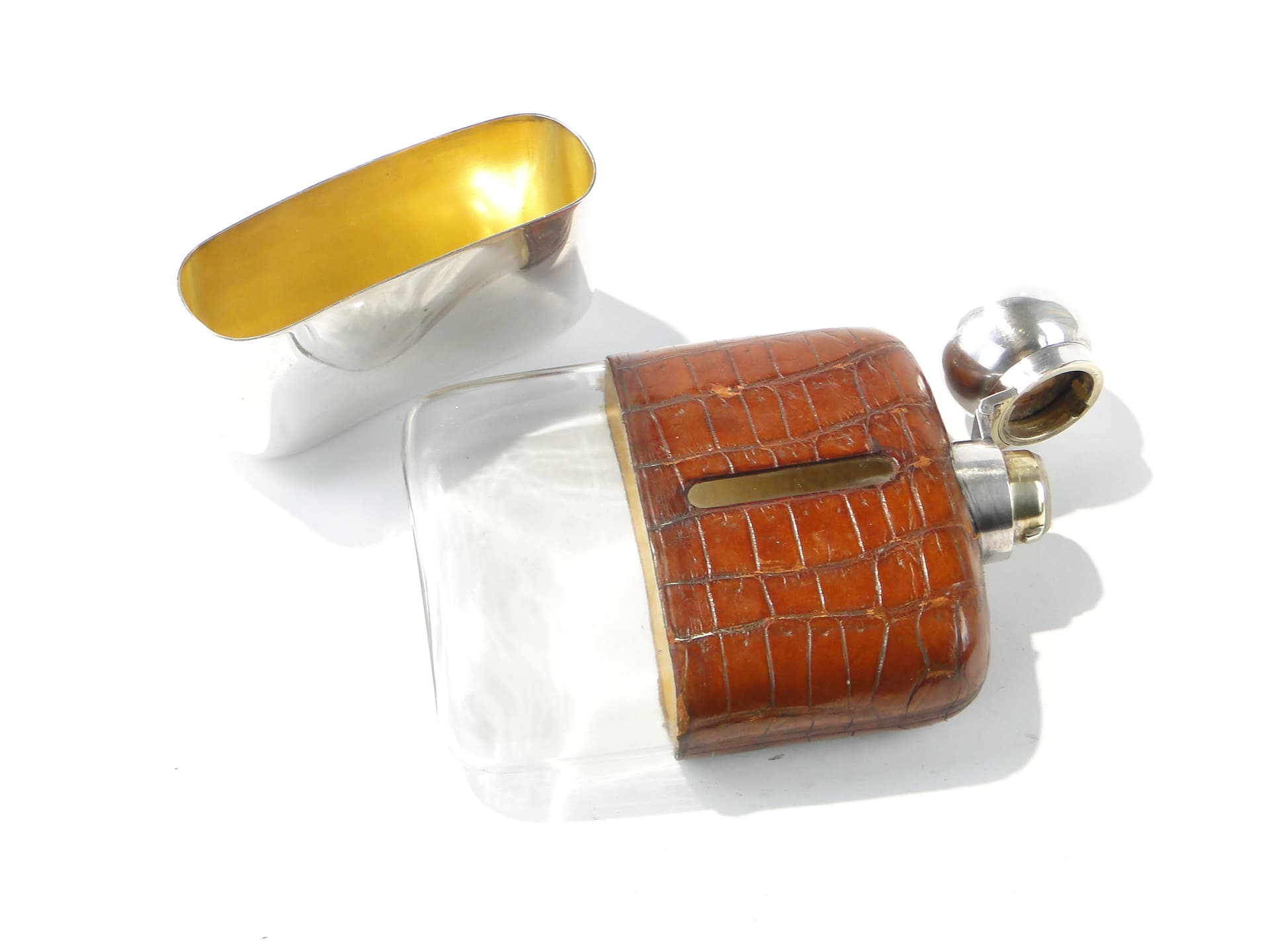 Edwardian hip flask, brown, natural leather, silver, glass, United Kingdom, early 20th century - 385778
