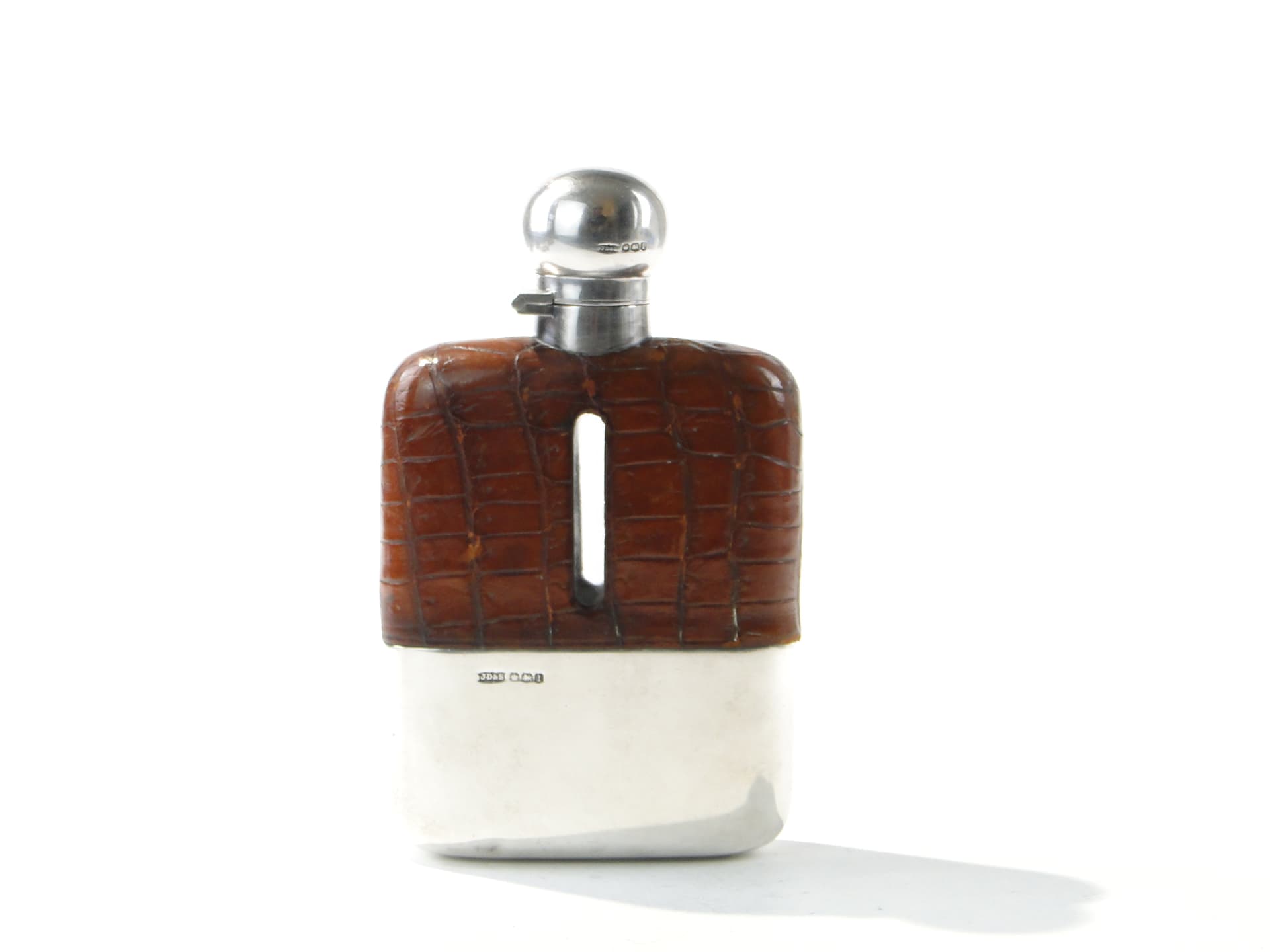 Edwardian hip flask, brown, natural leather, silver, glass, United Kingdom, early 20th century