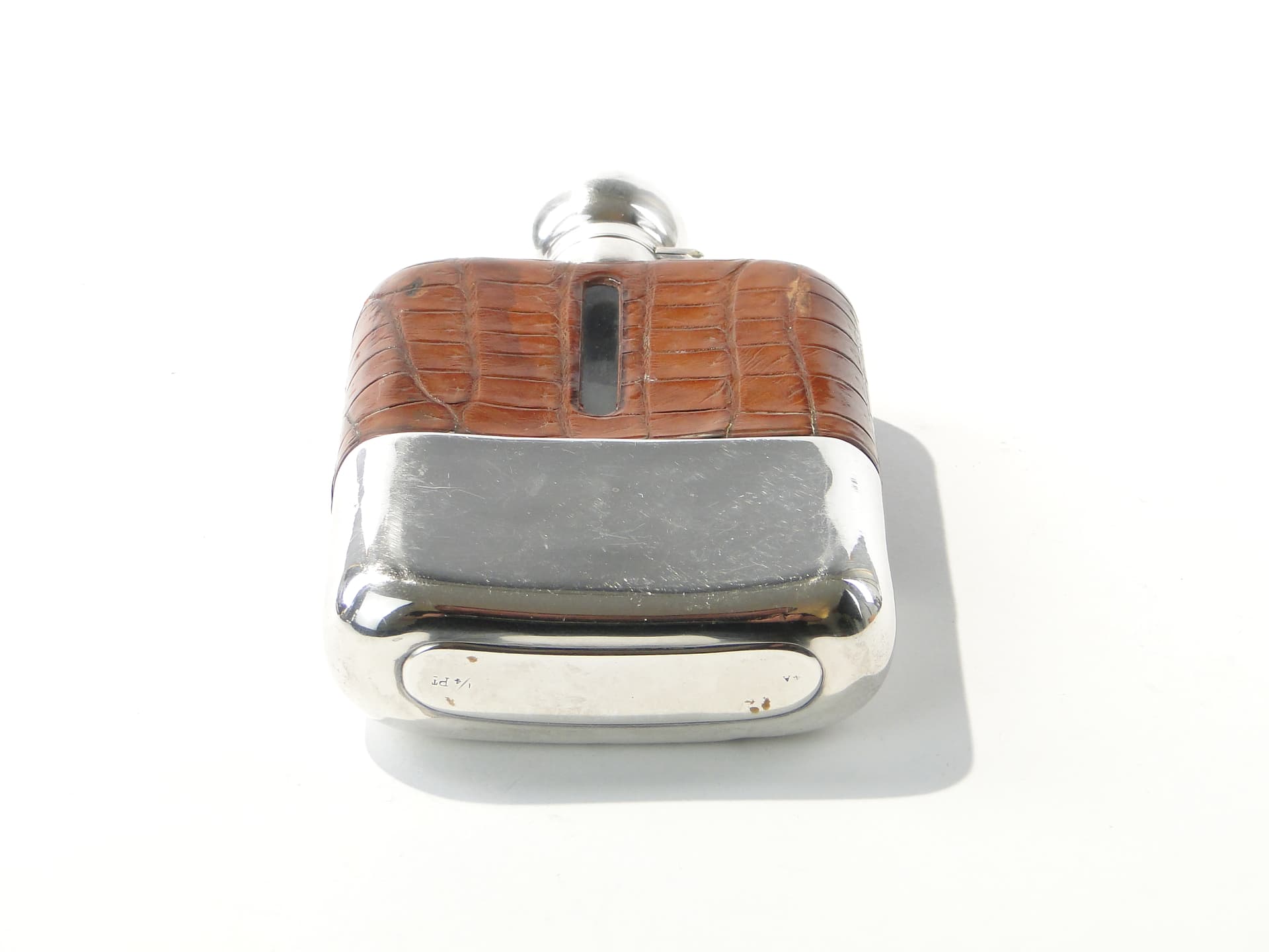 Edwardian hip flask, brown, natural leather, silver, glass, United Kingdom, early 20th century - 385772