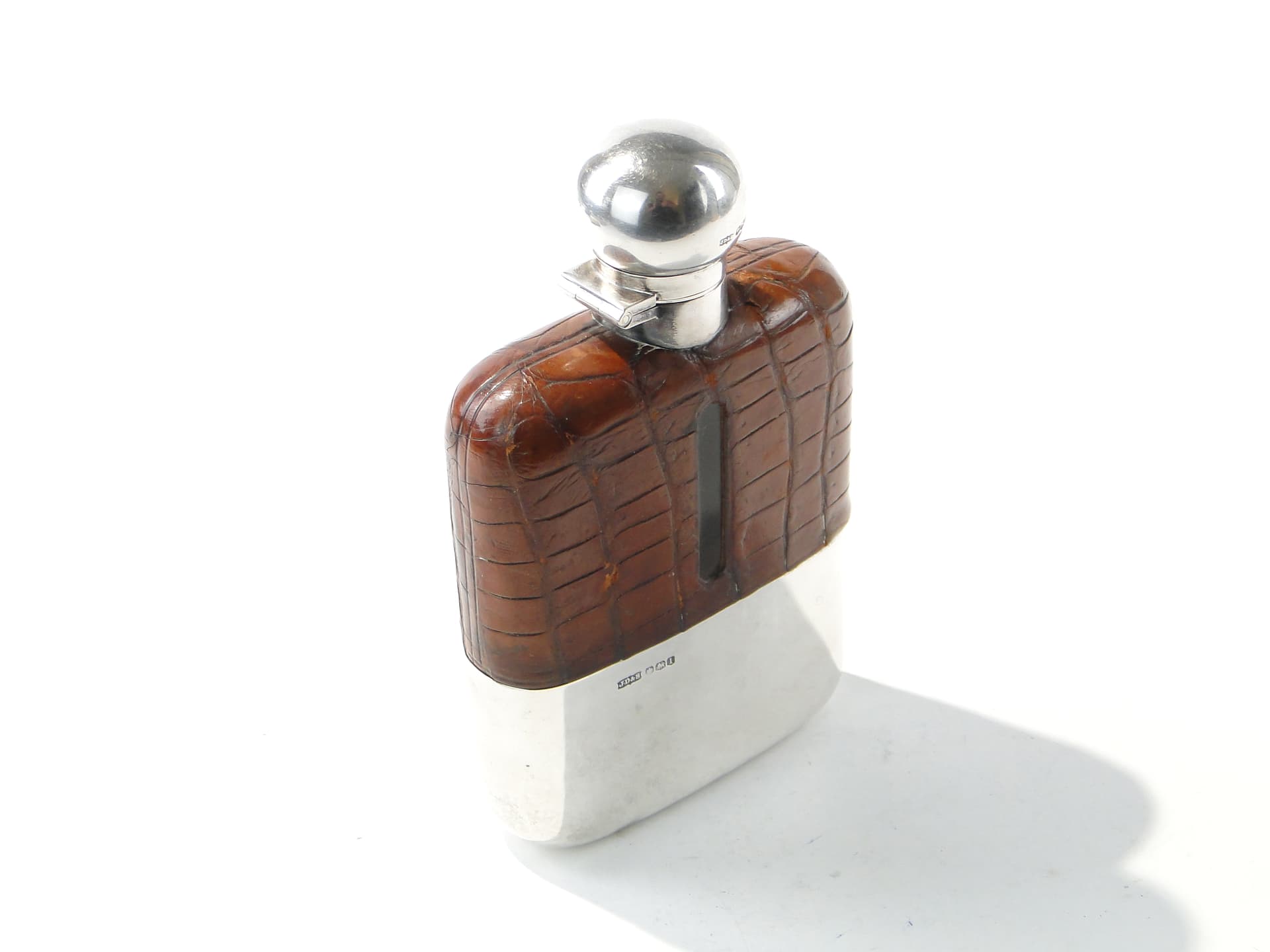 Edwardian hip flask, brown, natural leather, silver, glass, United Kingdom, early 20th century - 385770