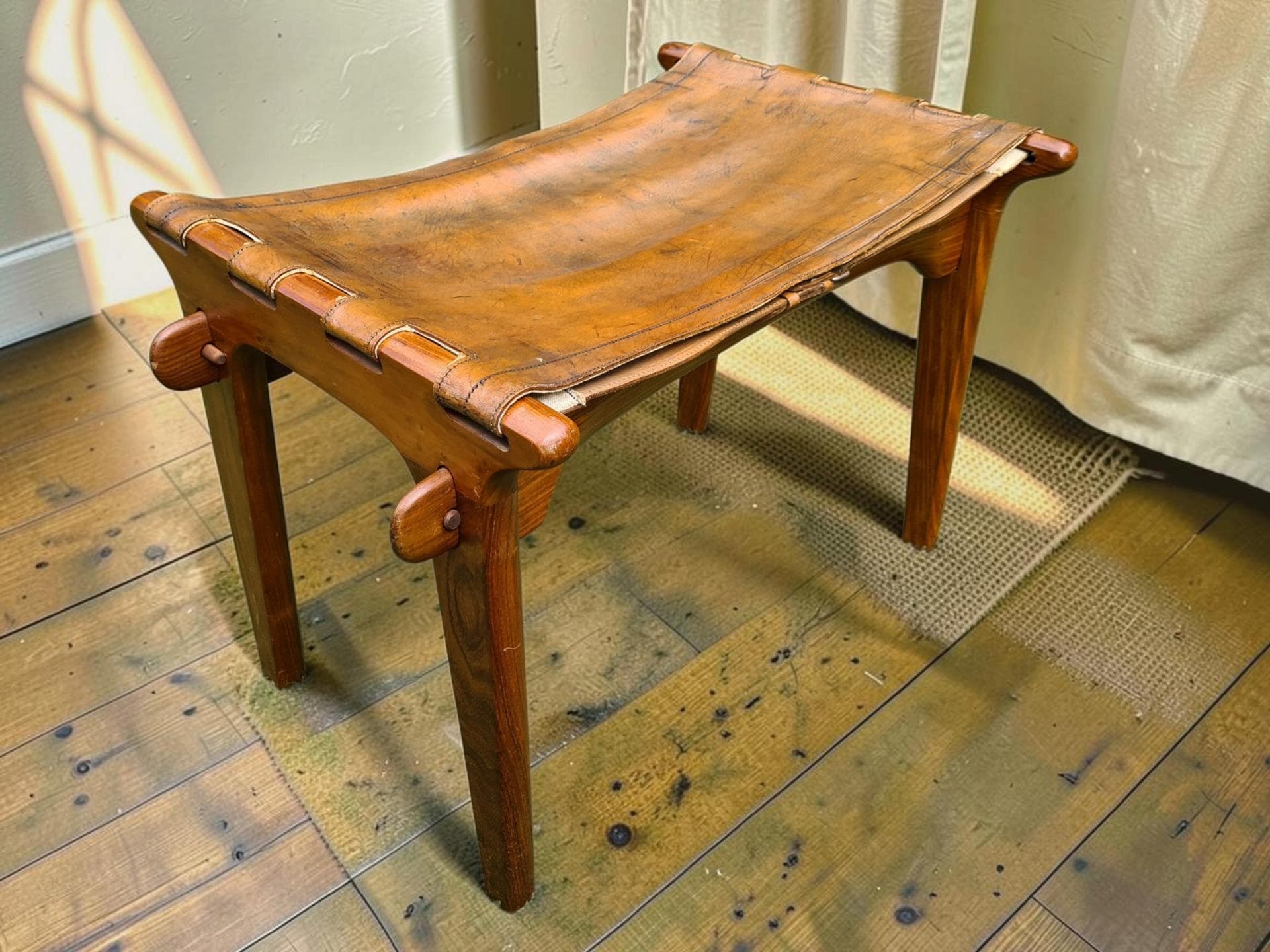 Stool, brown, natural leather, wood, M. Hayat & Bros. Ltd., Pakistan, 1960s - 386177