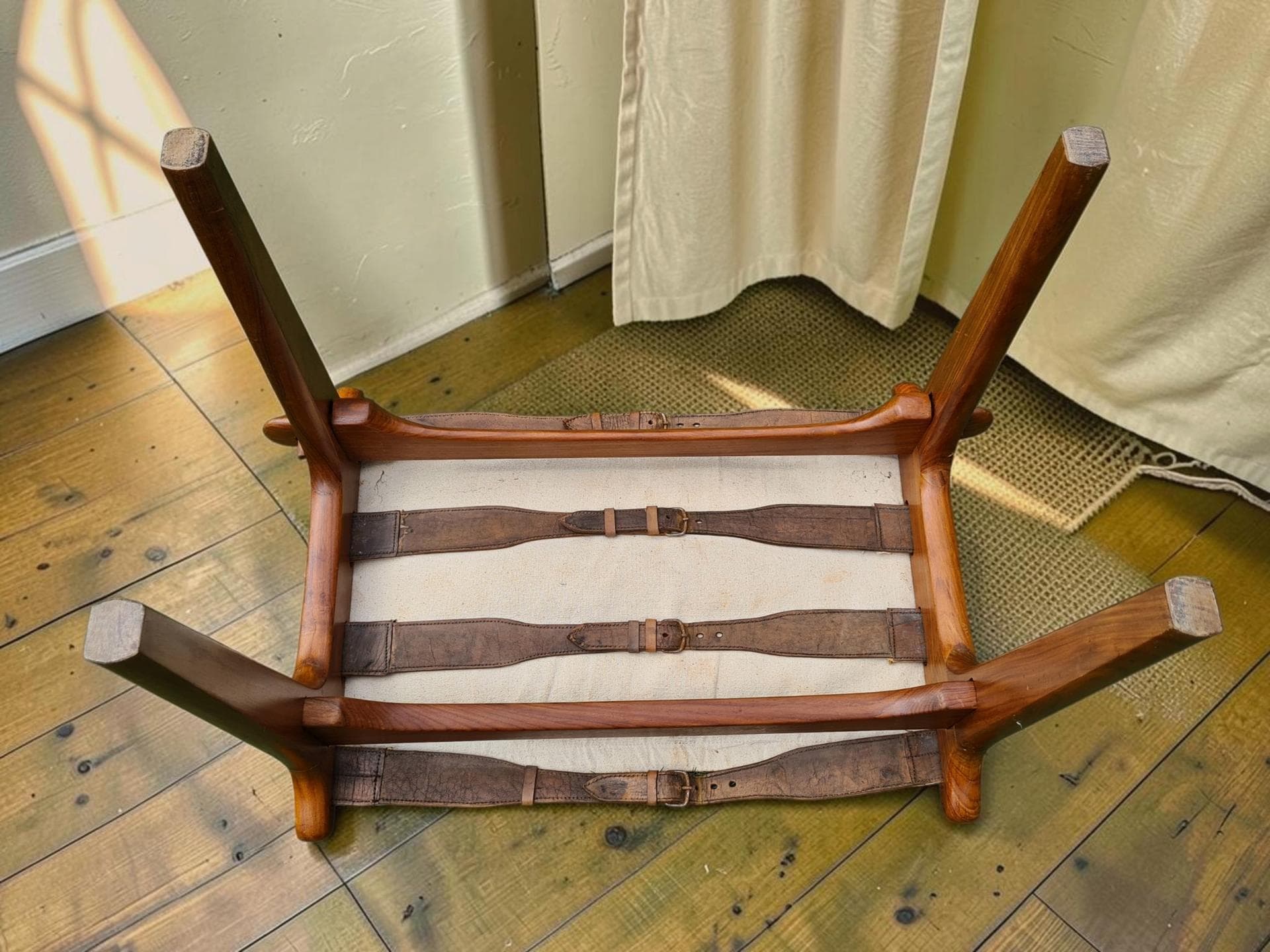 Stool, brown, natural leather, wood, M. Hayat & Bros. Ltd., Pakistan, 1960s - 386179