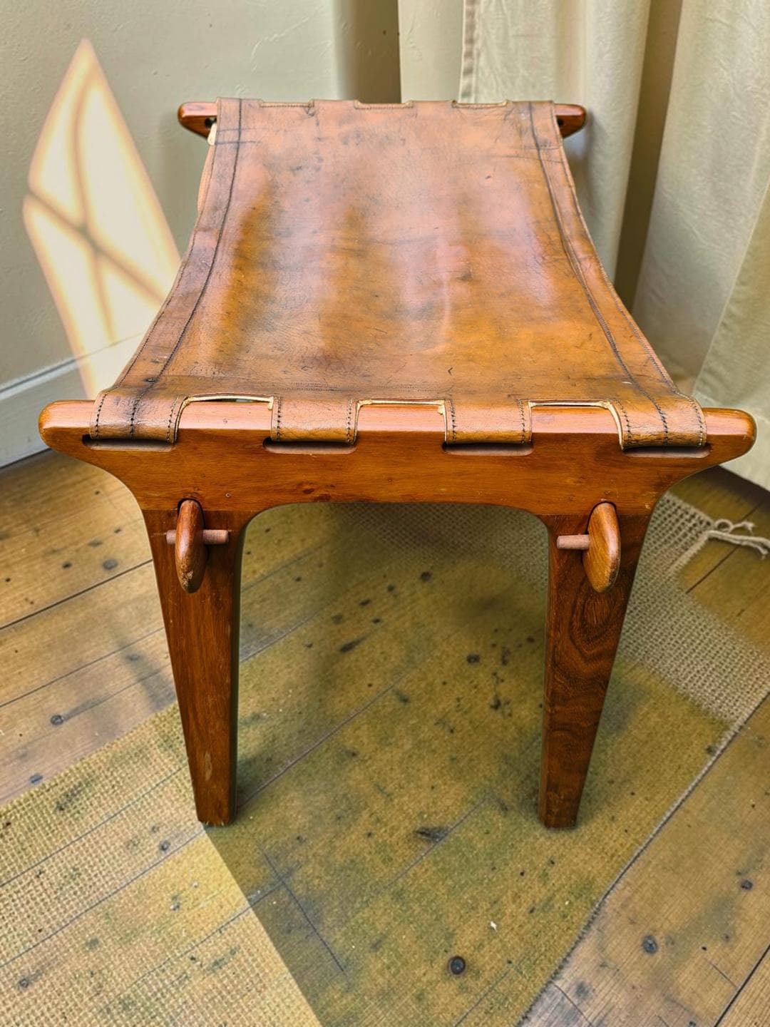 Stool, brown, natural leather, wood, M. Hayat & Bros. Ltd., Pakistan, 1960s - 386175