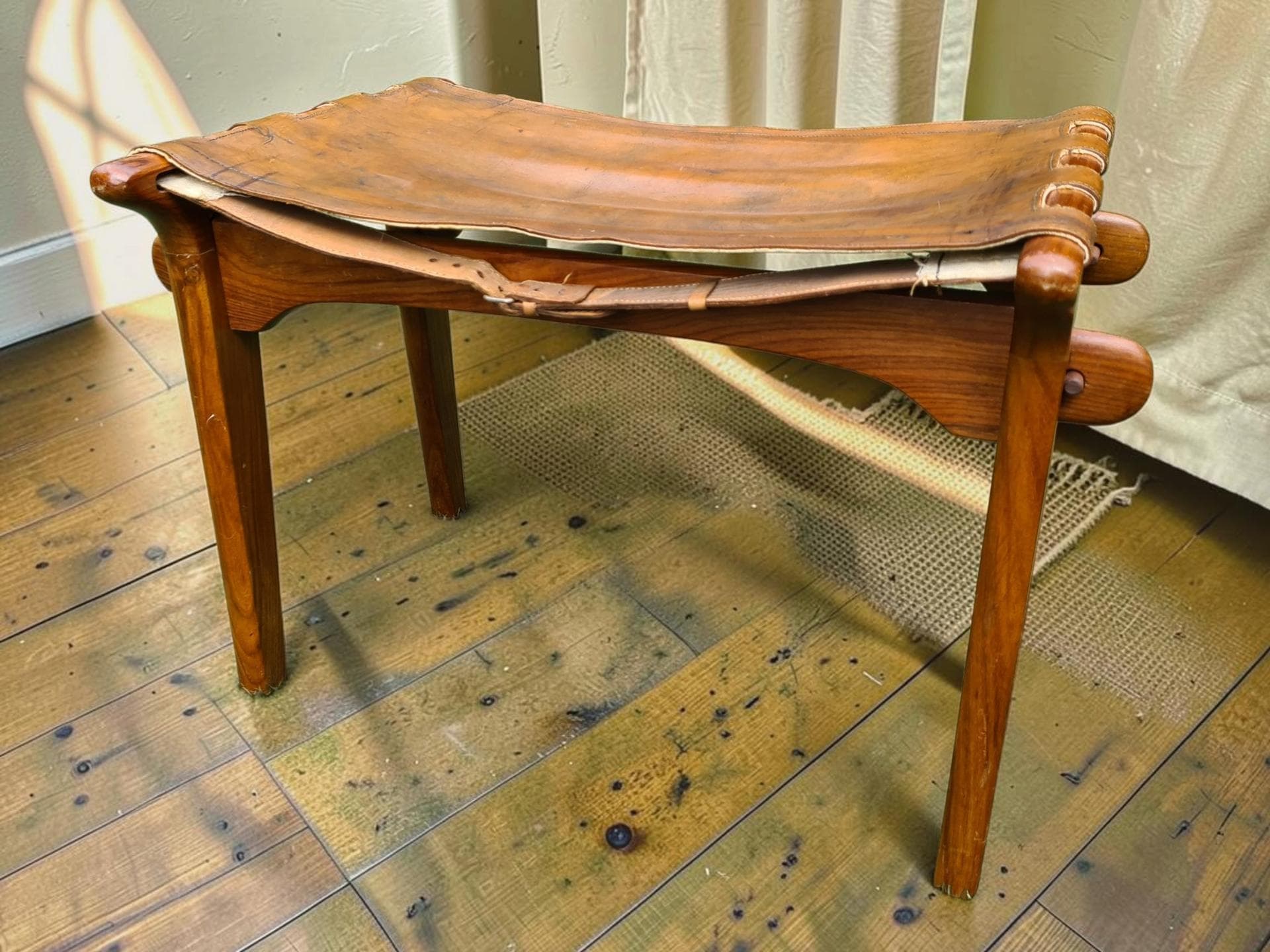 Stool, brown, natural leather, wood, M. Hayat & Bros. Ltd., Pakistan, 1960s - 386180