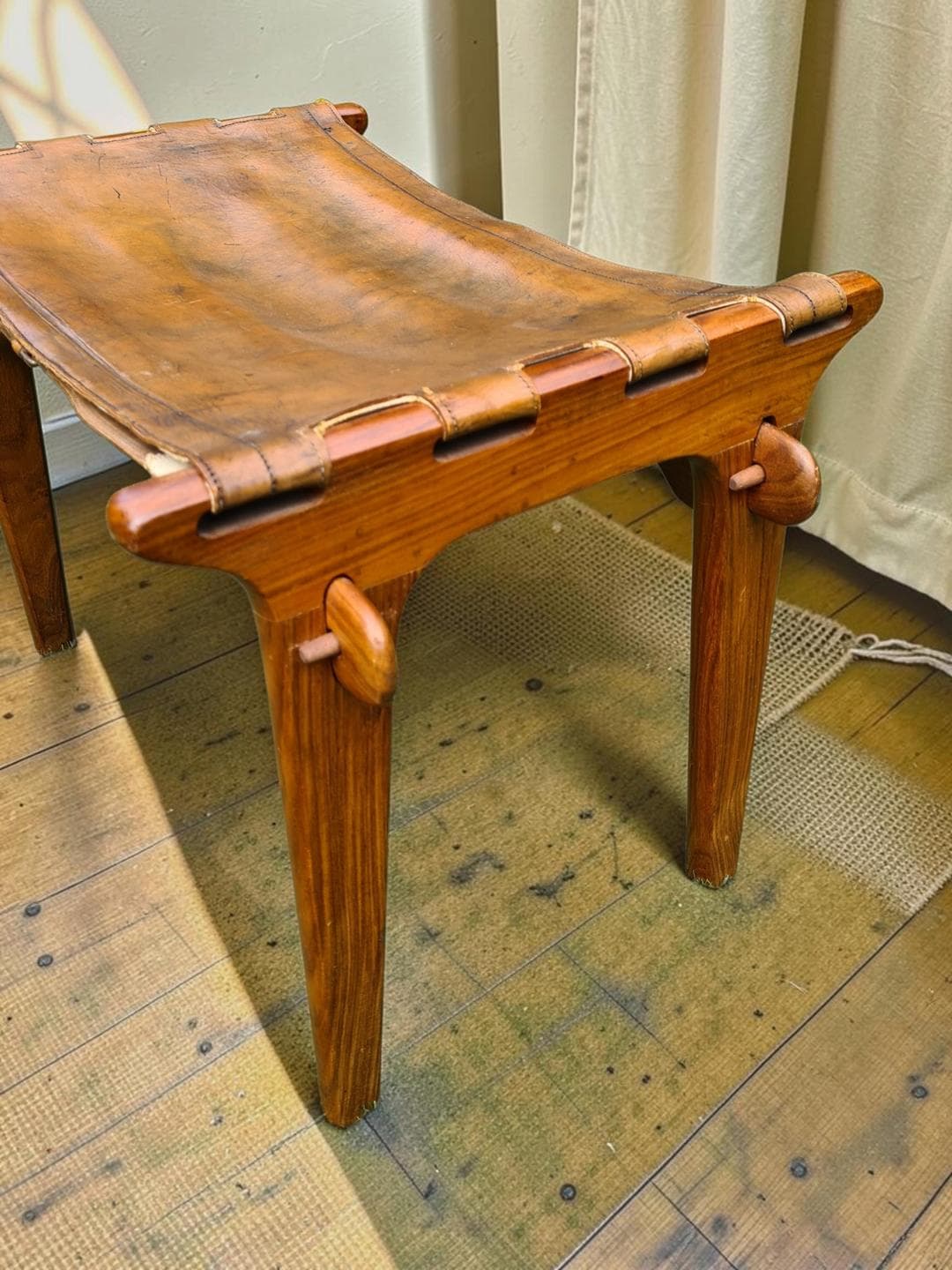 Stool, brown, natural leather, wood, M. Hayat & Bros. Ltd., Pakistan, 1960s - 386174