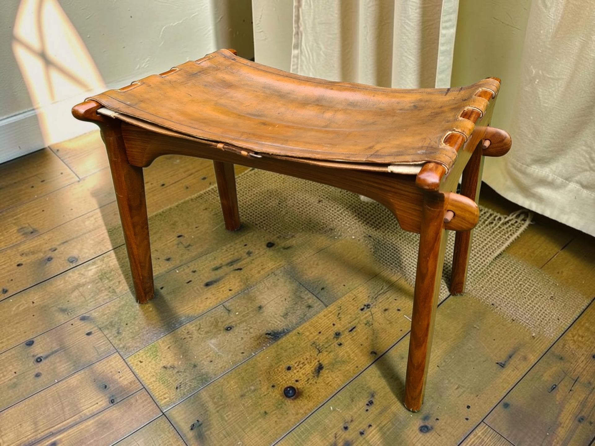 Stool, brown, natural leather, wood, M. Hayat & Bros. Ltd., Pakistan, 1960s - 386173