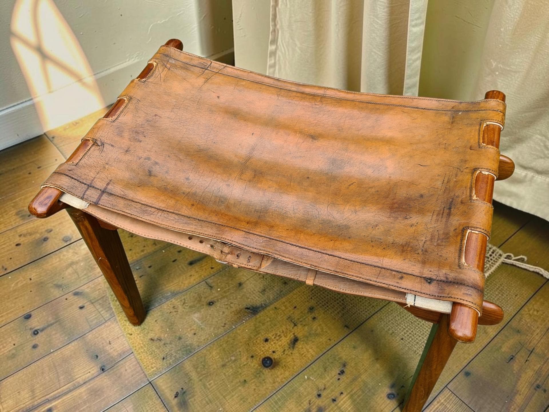 Stool, brown, natural leather, wood, M. Hayat & Bros. Ltd., Pakistan, 1960s - 386178