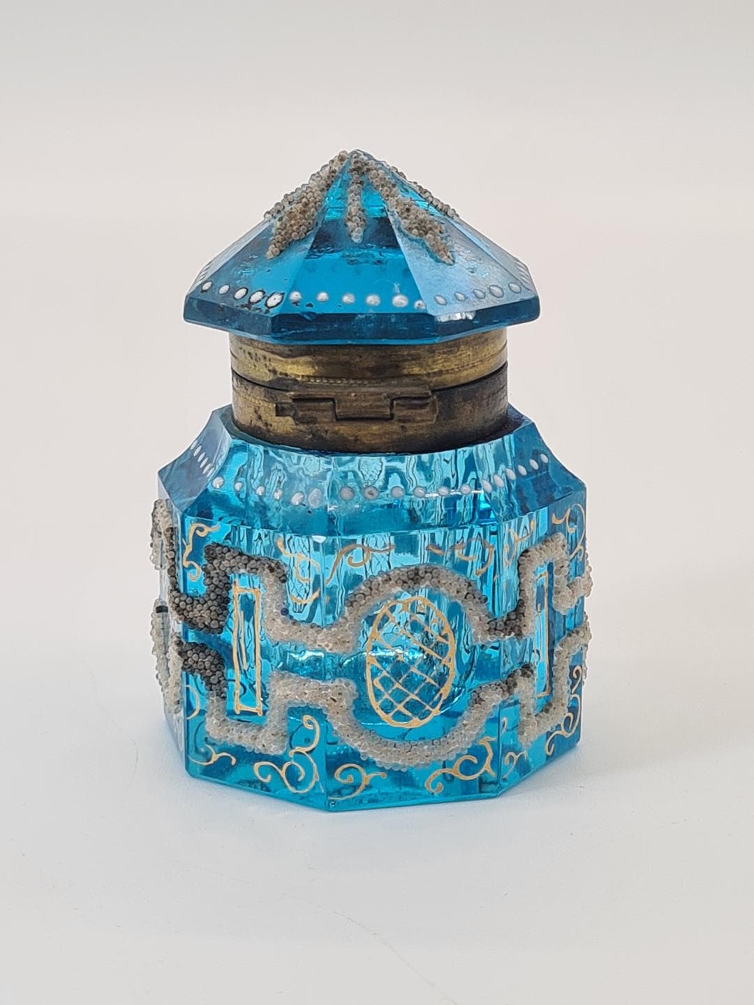 Kałamarz art déco, szkło fasetowane niebieski, mosiądz, Francja, lata 20. - 386276