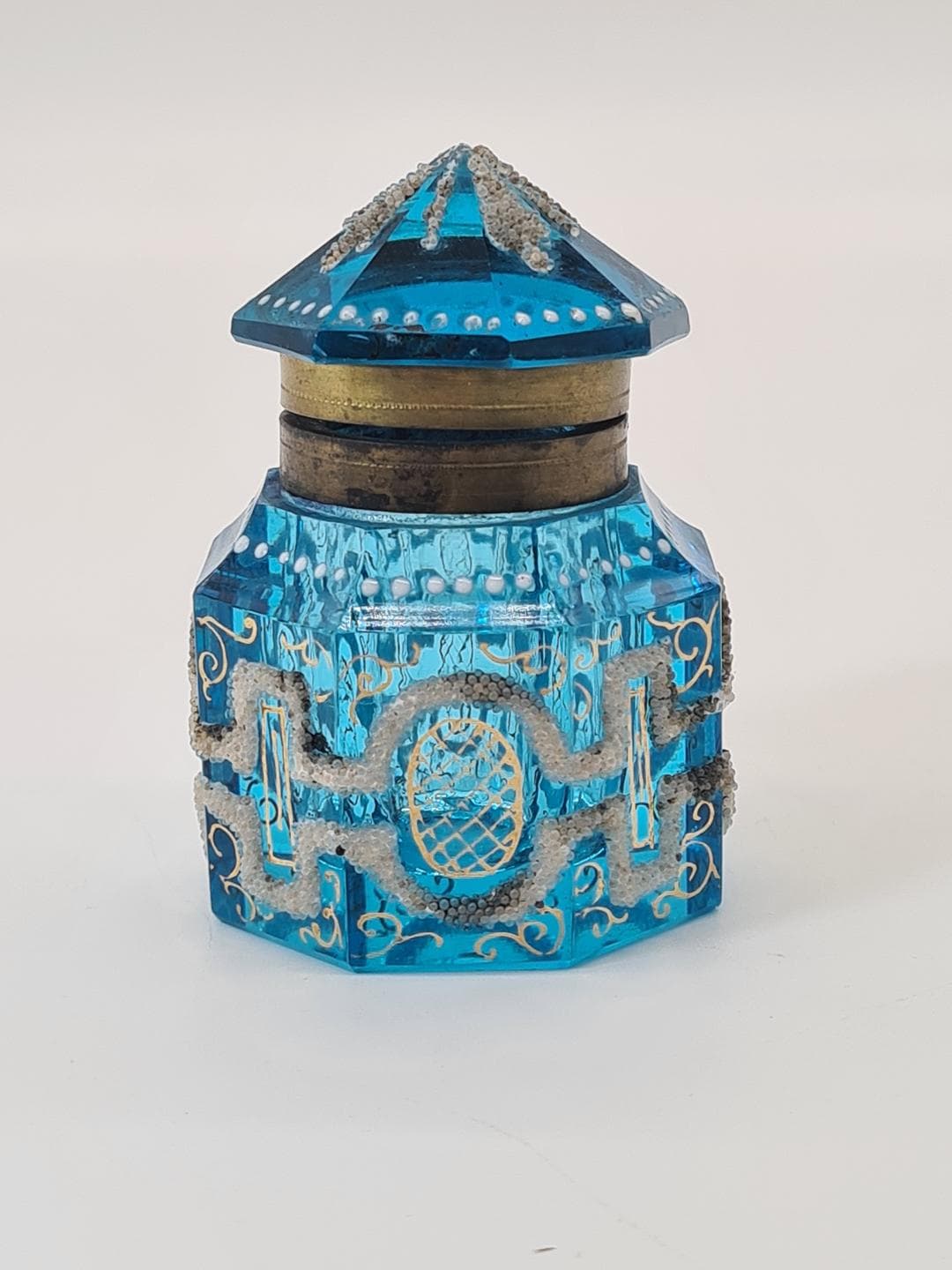 Kałamarz art déco, szkło fasetowane niebieski, mosiądz, Francja, lata 20. - 386279