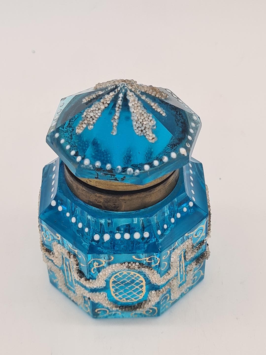 Kałamarz art déco, szkło fasetowane niebieski, mosiądz, Francja, lata 20. - 386278