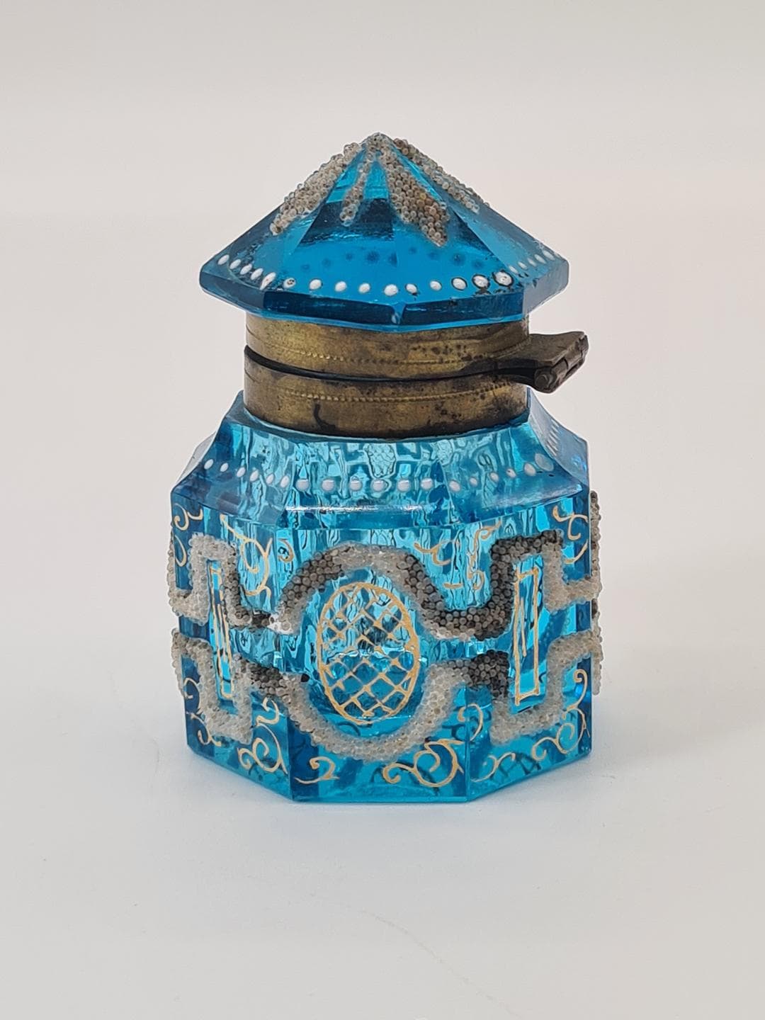 Kałamarz art déco, szkło fasetowane niebieski, mosiądz, Francja, lata 20. - 386275
