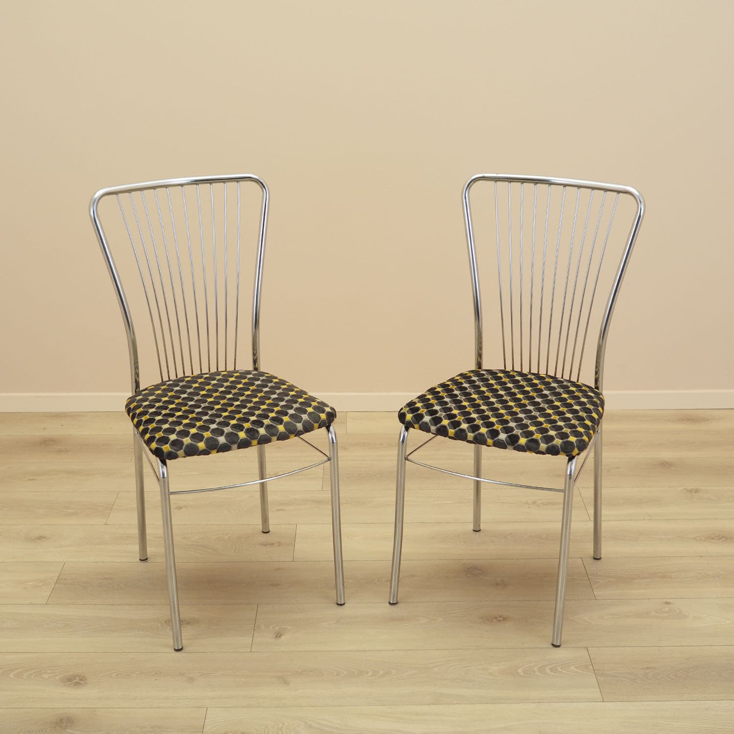 Set of chairs, fan-shaped backrest, chrome metal, black yellow beige fabric, Denmark, 1980s.