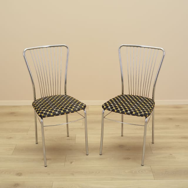 Set of chairs, fan-shaped backrest, chrome metal, black yellow beige fabric, Denmark, 1980s. - DIMENSION