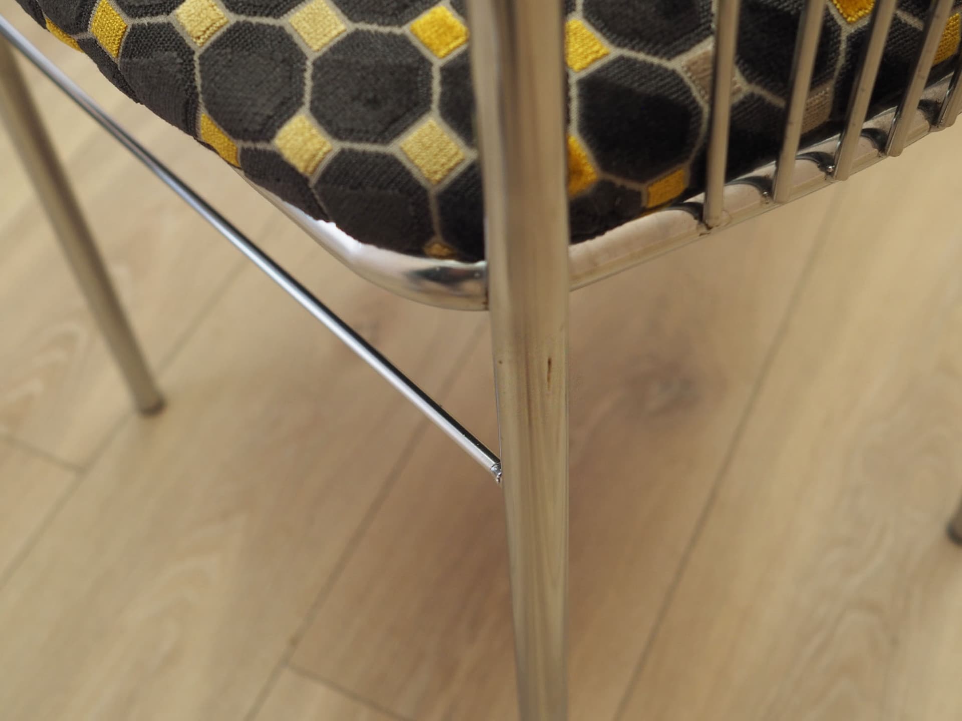 Set of chairs, fan-shaped backrest, chrome metal, black yellow beige fabric, Denmark, 1980s. - 387684