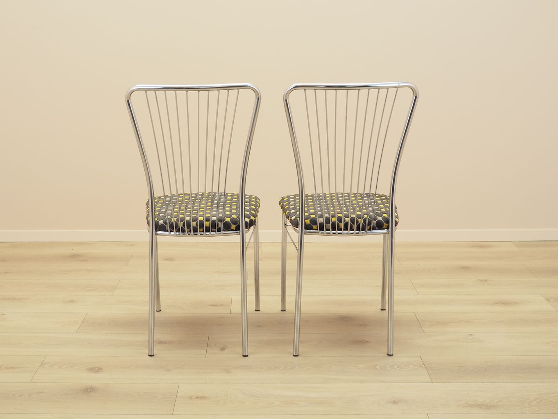 Set of chairs, fan-shaped backrest, chrome metal, black yellow beige fabric, Denmark, 1980s. - 387689