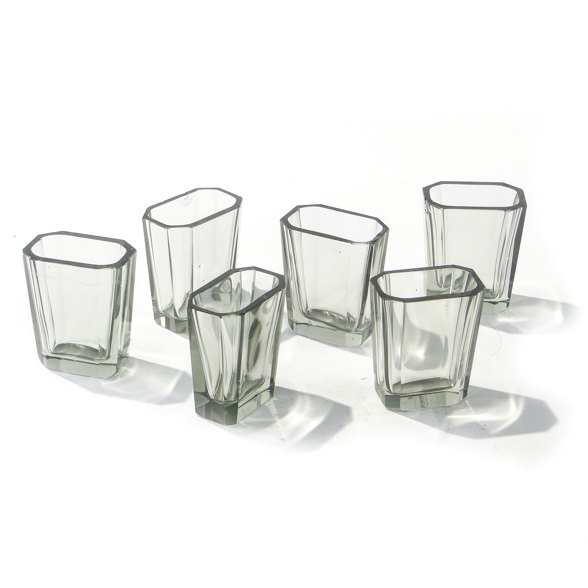 Set of six Art Deco glasses, transparent grey crystal, Czechoslovakia, 1920s - 387858