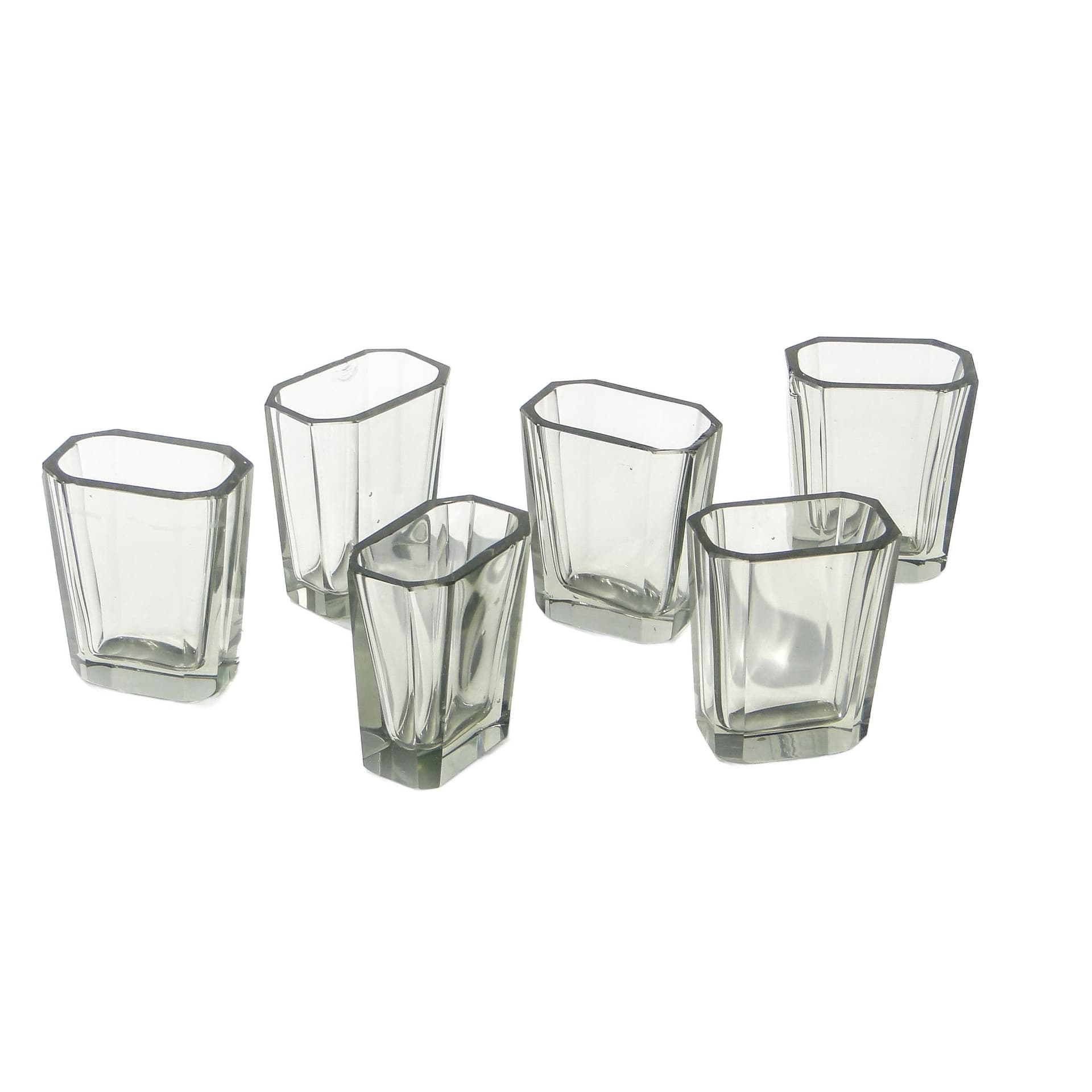 Set of six Art Deco glasses, transparent grey crystal, Czechoslovakia, 1920s
