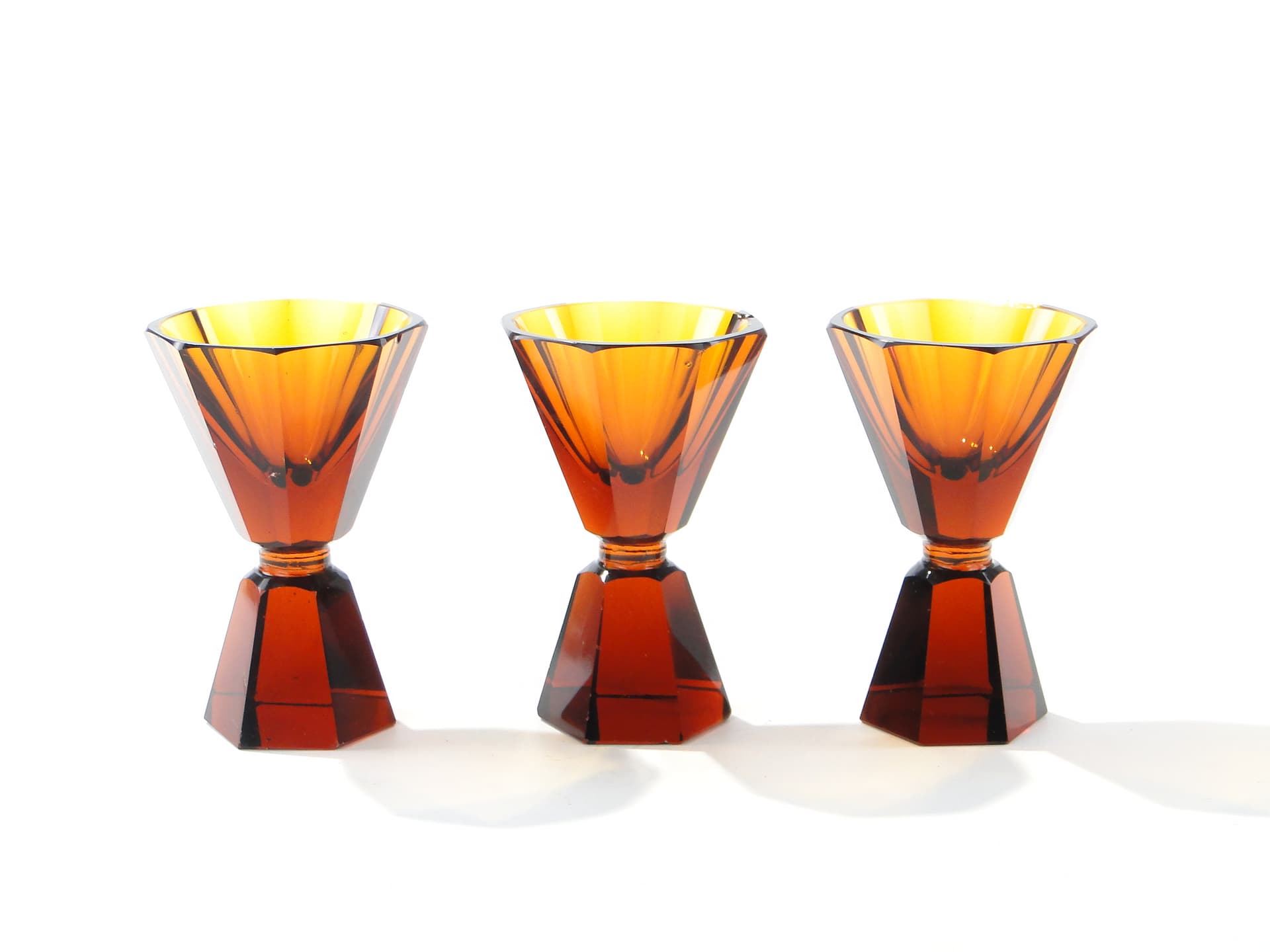 Set of three Art Deco glasses, amber crystal, Czechoslovakia, 1920s - 387872