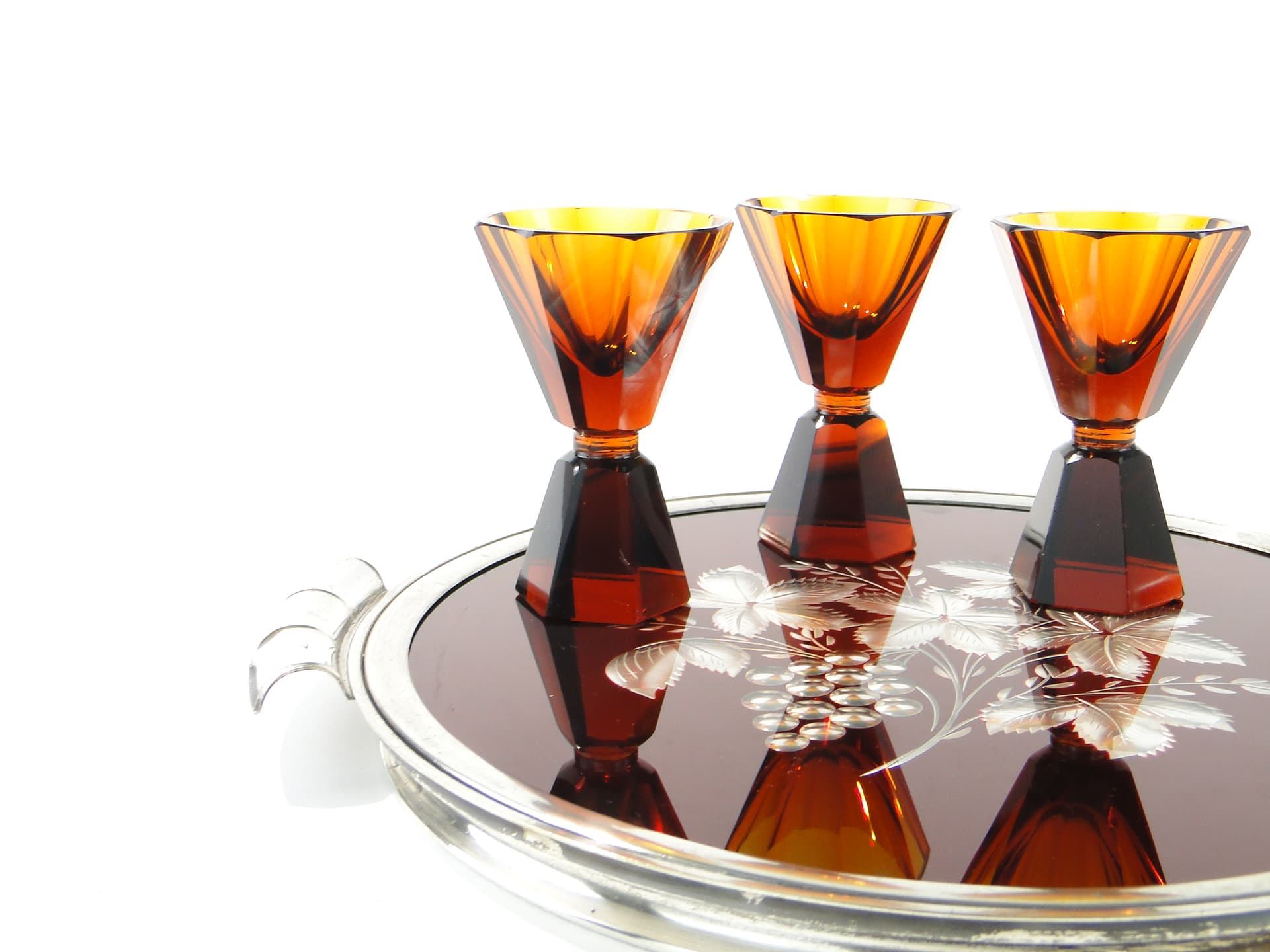 Set of three Art Deco glasses, amber crystal, Czechoslovakia, 1920s - 387875