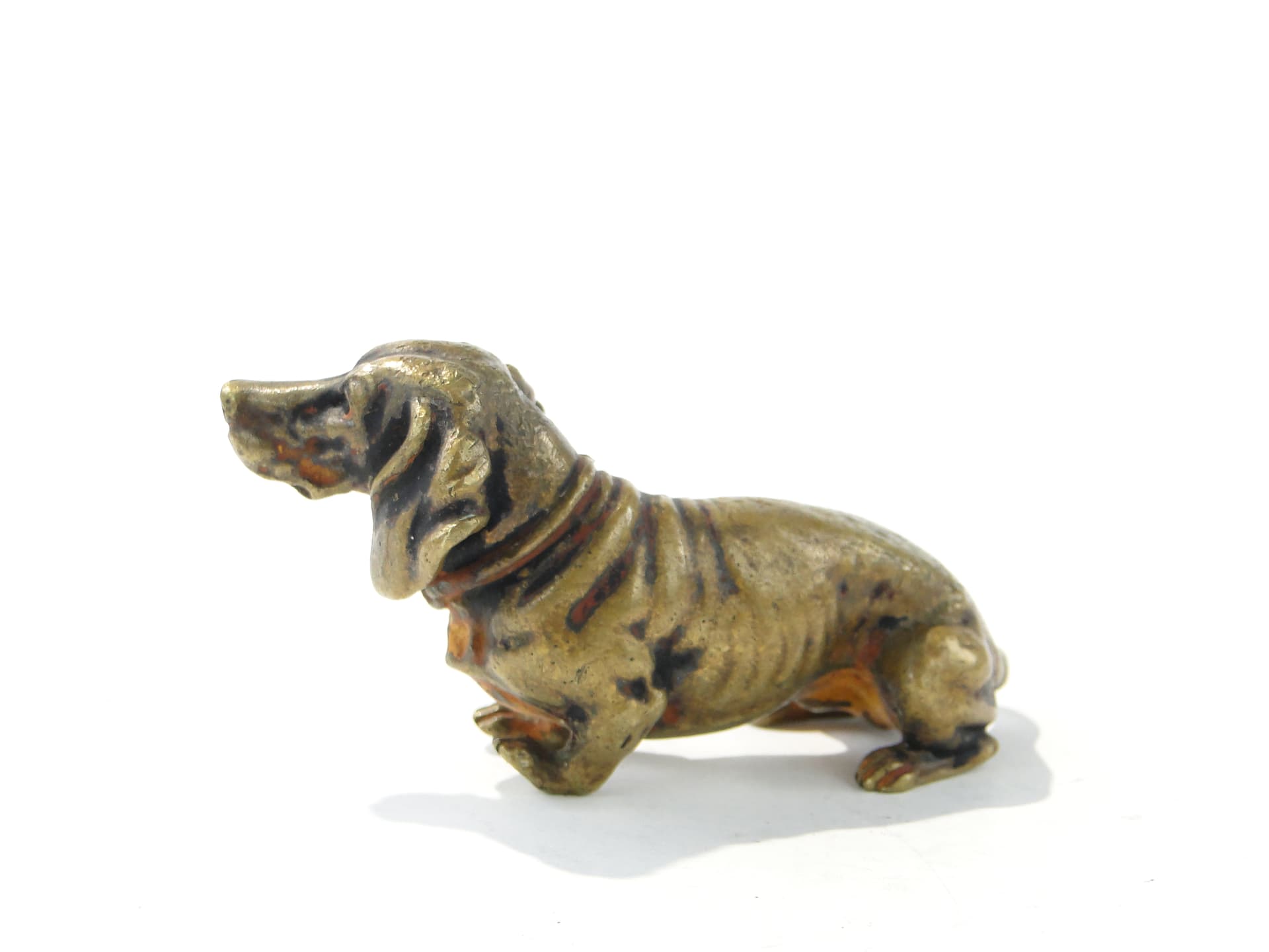 Figurka jamnika, wiedeńska, brąz polichromowany brązowy czarny złoty pomarańczowy, Austria, początek XX w. - 387939